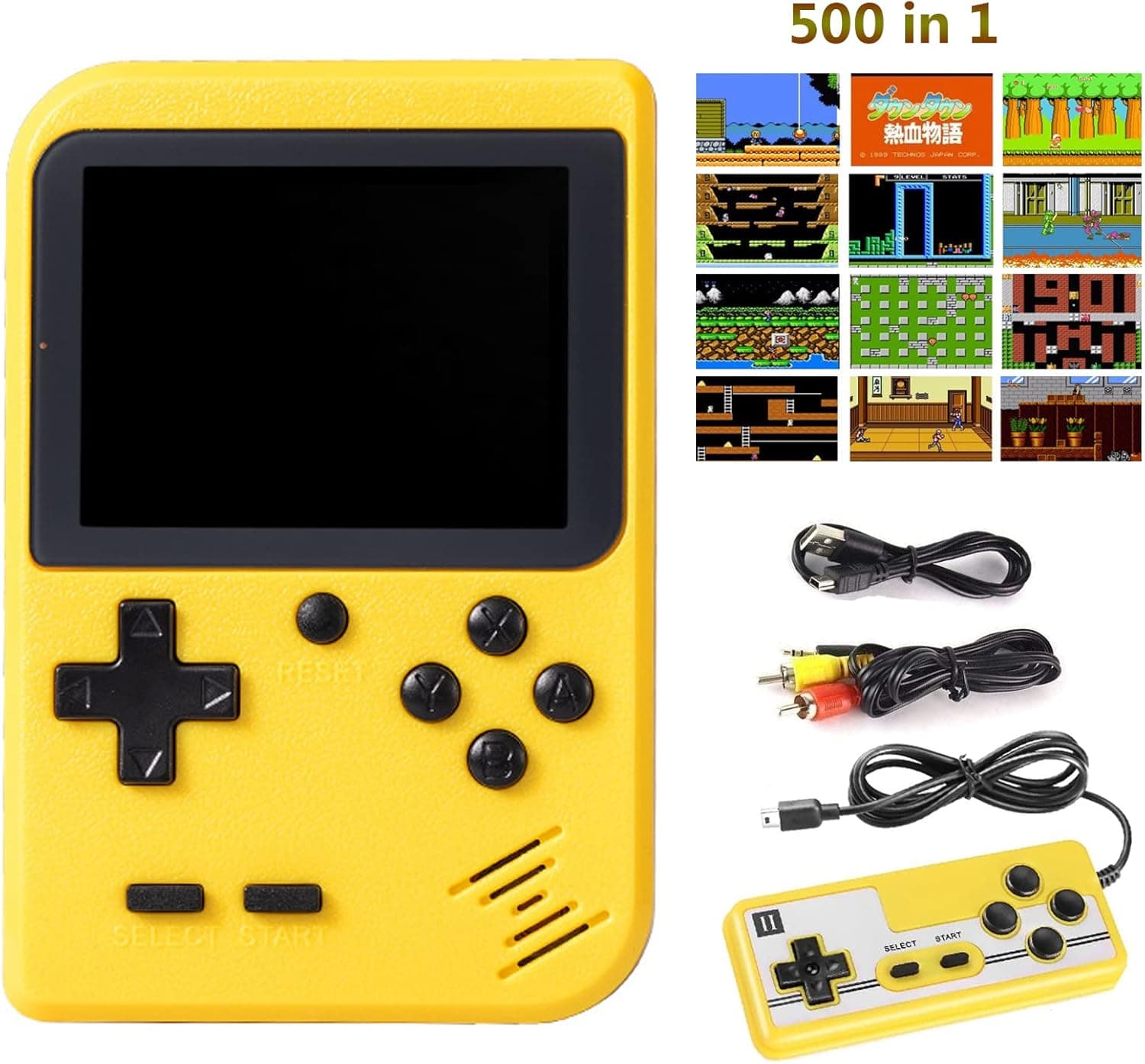 Handheld Game Console, Kyadeys Portable Retro Game Console with 500 Classical FC Games,3.0-Inches Display,Built-in 1020mAh Rechargeable Battery Support for Connecting TV and Two Players (Yellow)