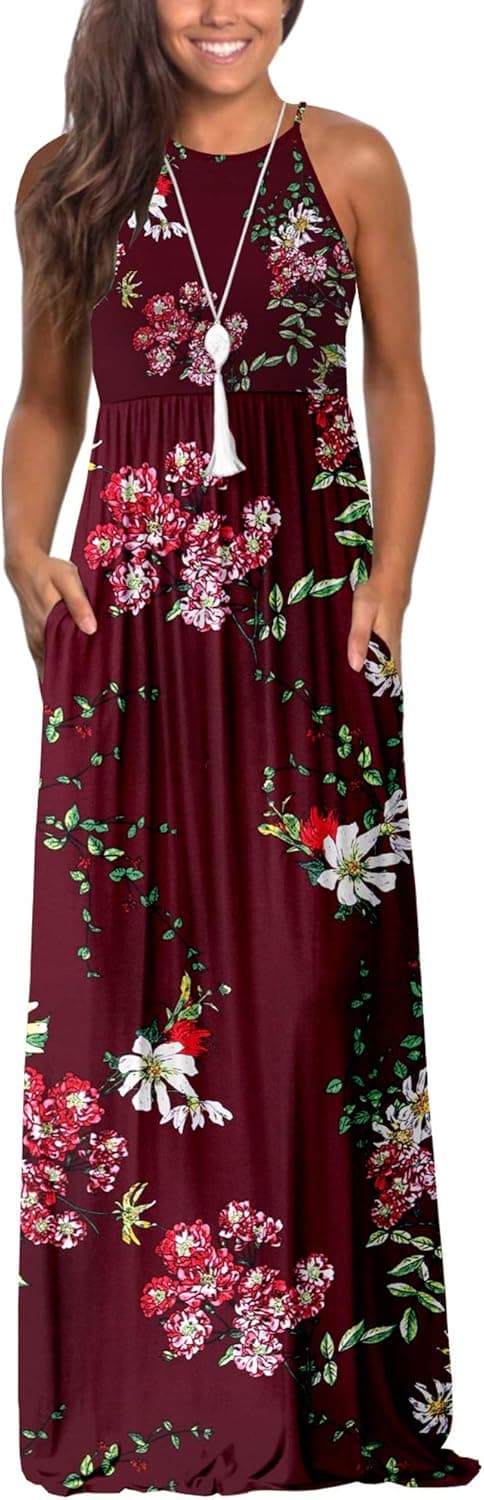 Lamilus Maxi Dresses for Women Summer Sleeveless Loose Plain Casual Long Dress with Pockets