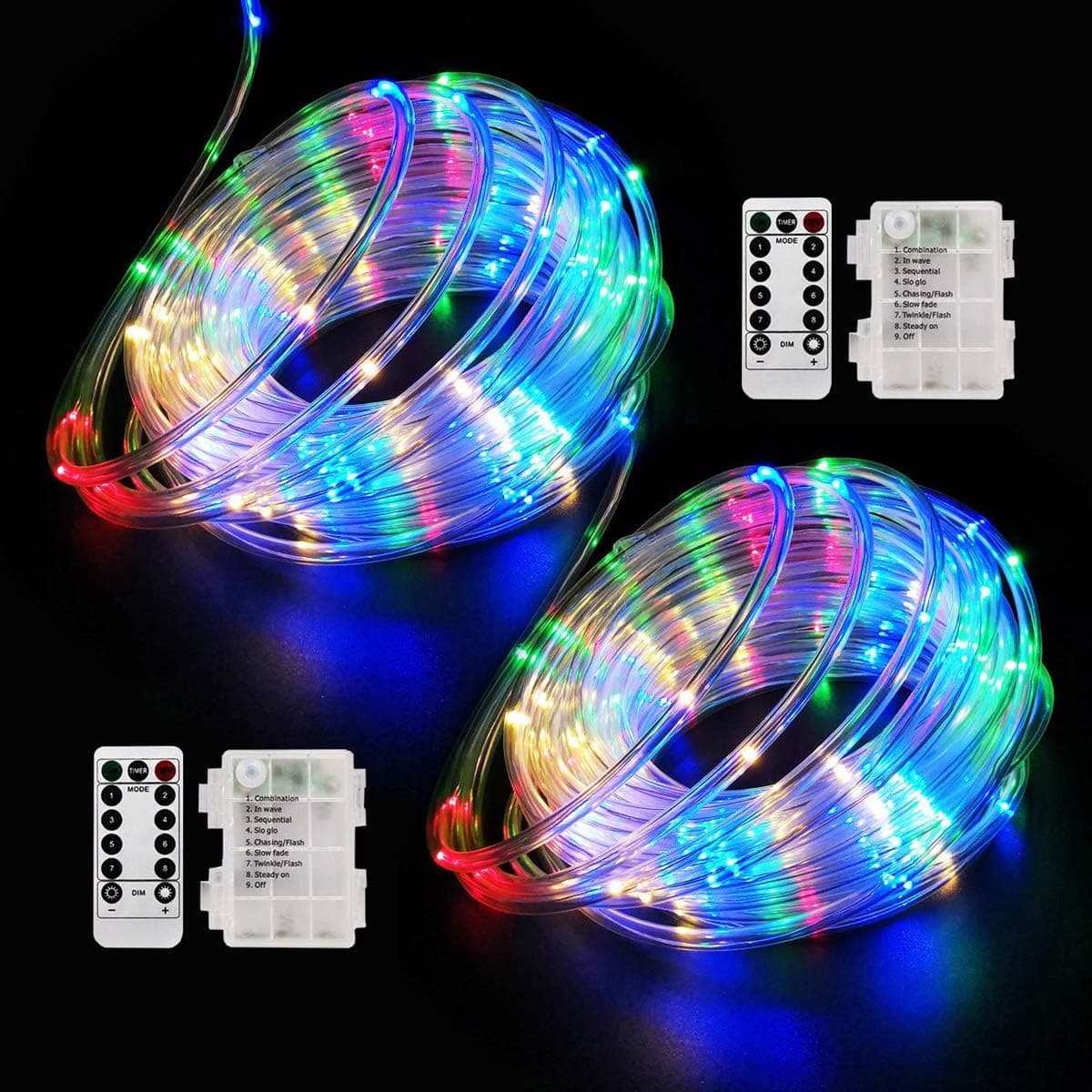 Aionarew LED Rope Lights Battery Operated String Lights, Outdoor Waterproof 40ft 120LEDs 8 Modes Fairy Lights Dimmable/Timeable with Remote Control for Christmas Patio Garden Party Wedding, 2 Pack