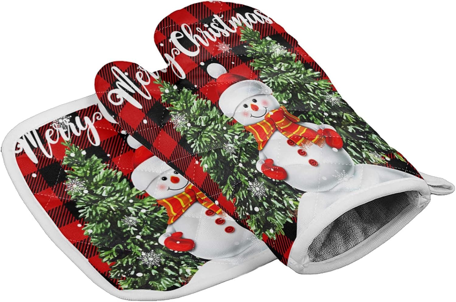 christmas Set of Oven Mitt and Pot Holder Snowman with Xmas Tree Kitchen Oven Gloves and Hot Pads Heat Resistance Non-Slip Surface for BBQ Cooking Baking Grilling Red Buffalo Plaid Check