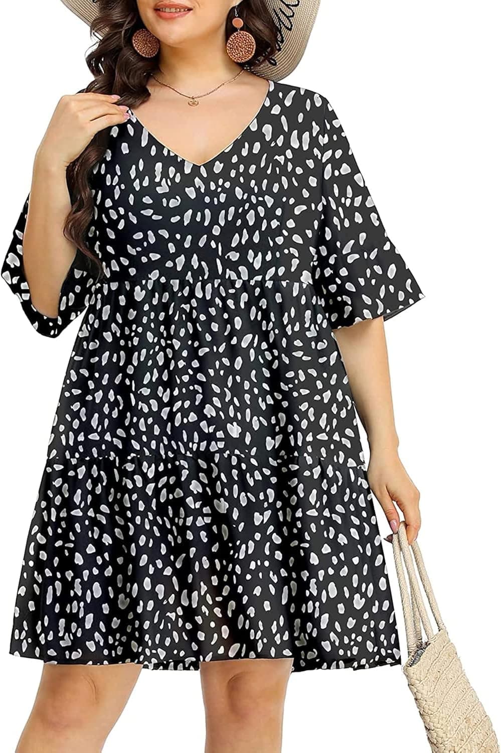 Pinup Fashion Women's Plus Size Summer Tunic Dress Babydoll V Neck Casual Ruffle Sleeve Loose Swing Shift Dresses