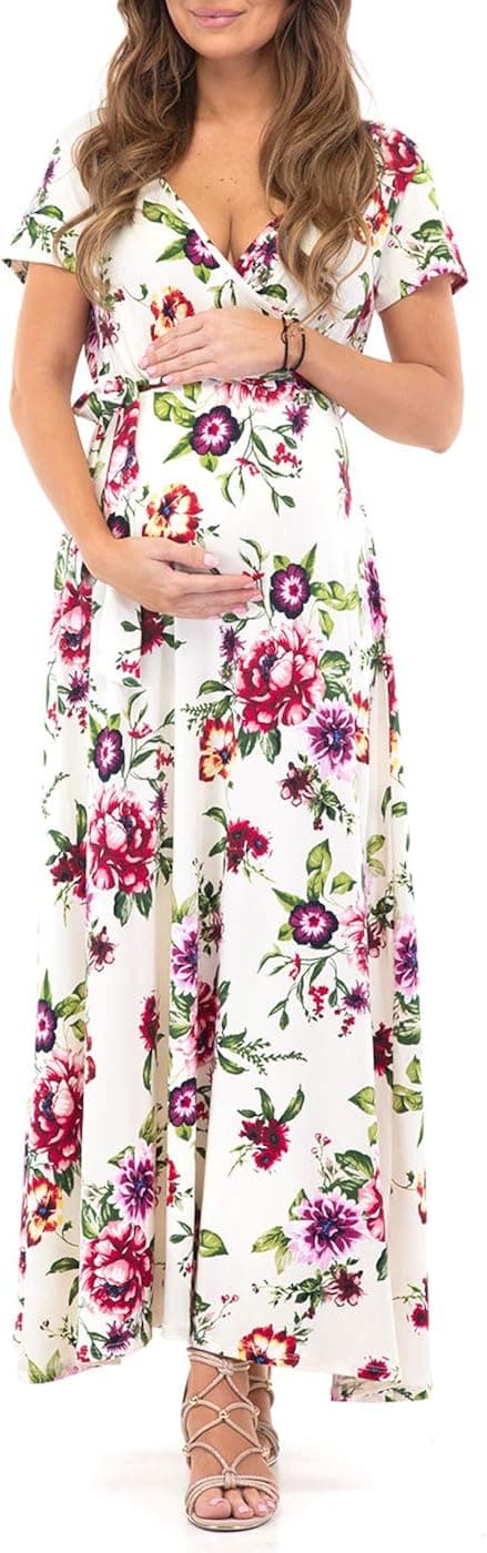 Mother Bee Maternity Long or Hi-Low Faux Wrap Dress with Adjustable Belt