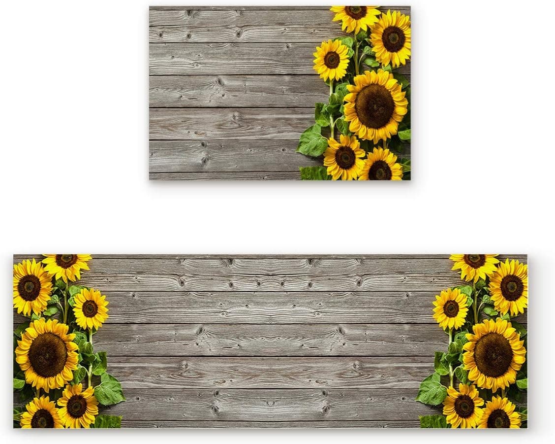 2 Piece Non-Slip Kitchen Mat Rubber Backing Doormat Sunflower on The Wooden Floor Runner Rug Set, Hallway Living Room Balcony Bathroom Carpet Sets (15.7" x 23.6"+15.7" x 47.2")