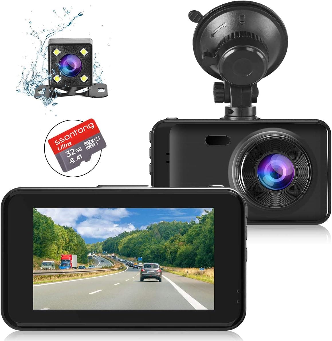 Front and Rear Dash Cam,Dual Dash Camera for Cars 1080P Full HD Car Cam 3” IPS Screen 170 Wide Angle Reserving Backup Camera with 32GB SD Card G-Sensor Parking Monitor Loop Recording Motion Detection