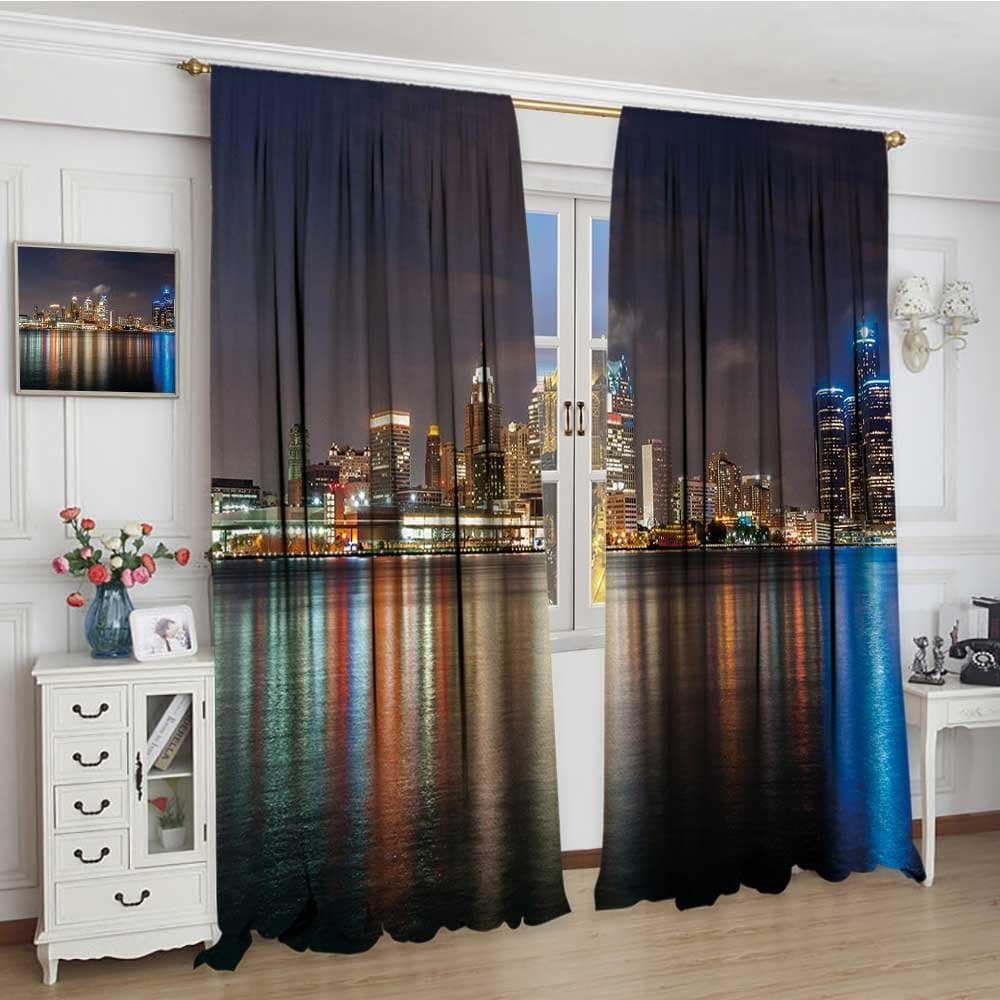 youpinnong Detroit Waterproof Curtain Widened Modern Metropolis Cityscape at Night Time Detroit River with Colorful Reflection Lengthened Decor Curtains by 120"x108" Multicolor