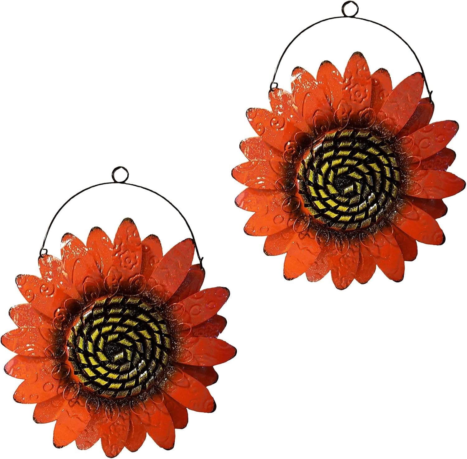 SeasonsEasy Metal Sunflower Wall Decor, Set of 2 Orange Floral Wall Decoration with Wire Hanger for Living Room, Bedroom, Kitchen, Bathroom Room Decor, Outdoor Garden and Patio Wall Art