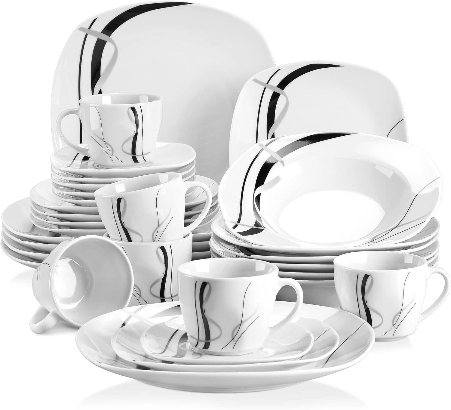 VEWEET, Series Fiona, 30-Piece Ceramic Dinnerware Set with Black and Gray Stripes, Ivory White Porcelain Square Set, including Dessert Plates, Soup Plates, Dinner Plates, Cups & Saucers, Service for 6