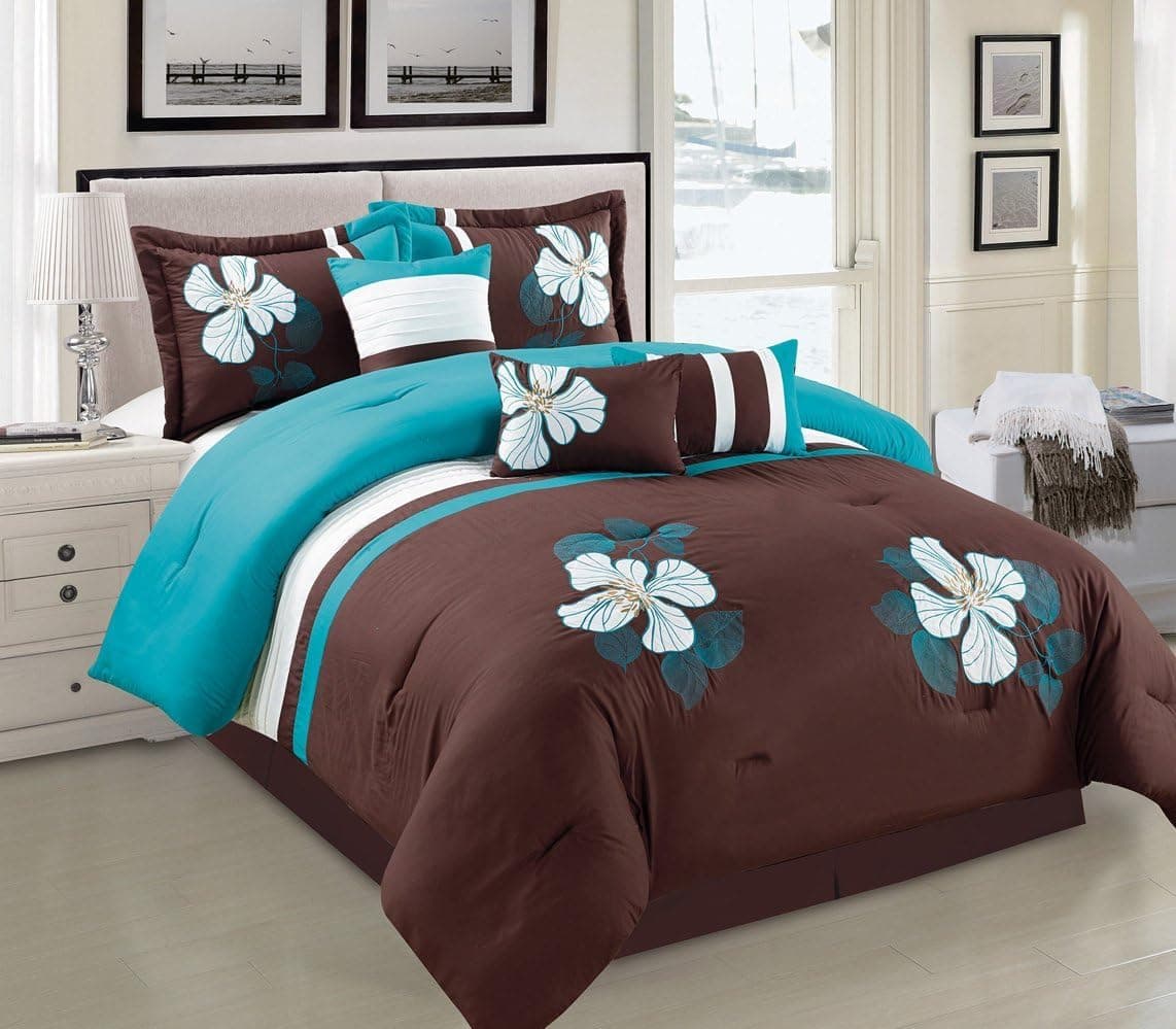 Grand Linen Turquoise Blue, Brown and White Comforter Set Floral Bed in A Bag Queen Size Bedding