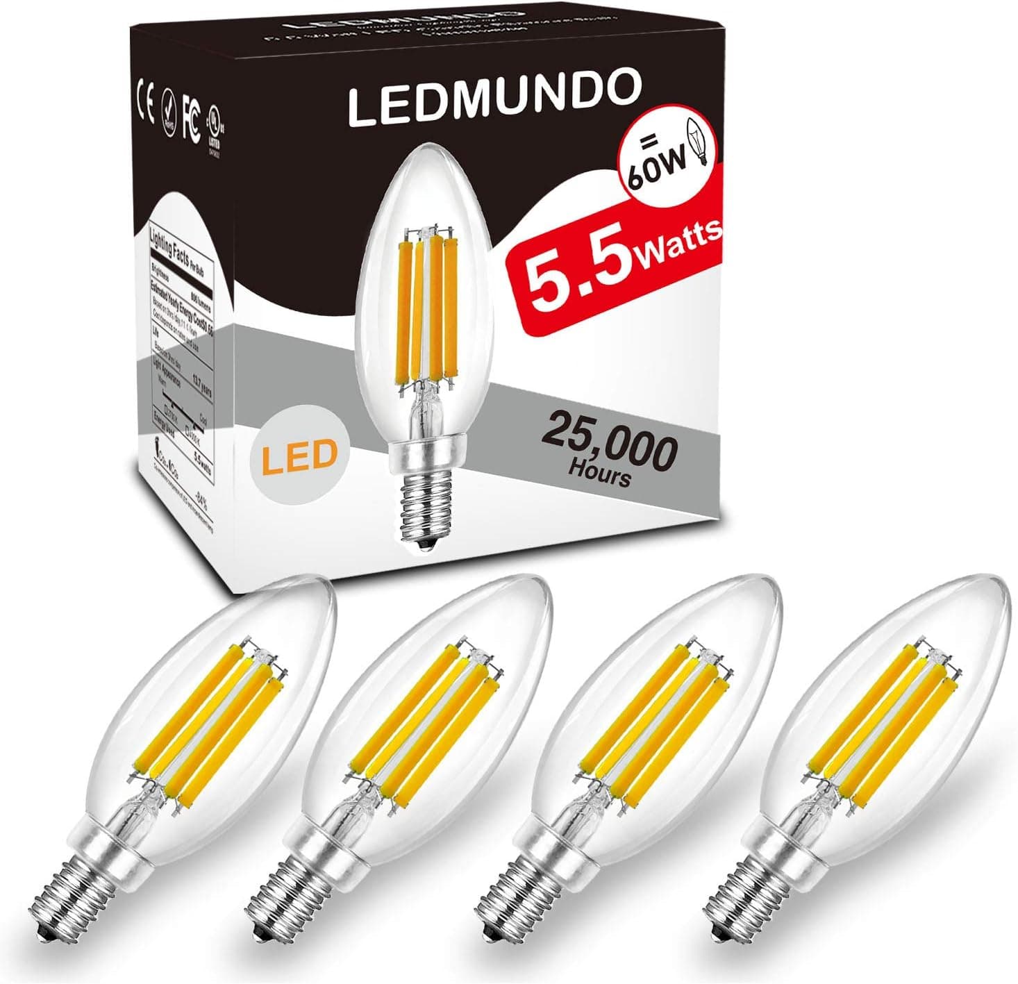 806 Lumen 5.5W Candelabra LED Bulbs Dimmable, 4000K Natural Daylight White Bulb, E12 LED Bulb 60W Equivalent, LED Chandelier Light Bulbs, no Flickering Filament LED Candle Bulb, UL Listed (4 Pack)
