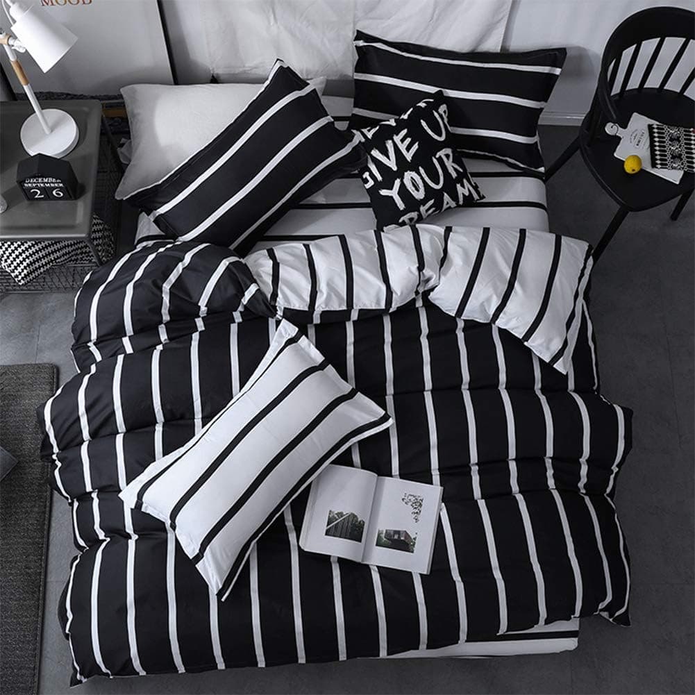 LAMEJOR Duvet Cover Set King Size Simplicity Striped Pattern Reversible Luxury Soft Bedding Set Comforter Cover (1 Duvet Cover+2 Pillowcases) Black/White