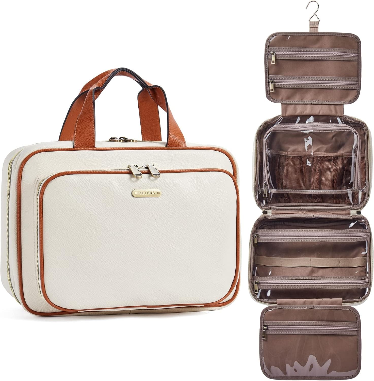 Telena Travel Toiletry Bag for Women, Toiletry Bag Travel Bag with Hanging Hook, Water-resistant Makeup Organizer, Cosmetic Bag Travel Accessories, Beige with Brown