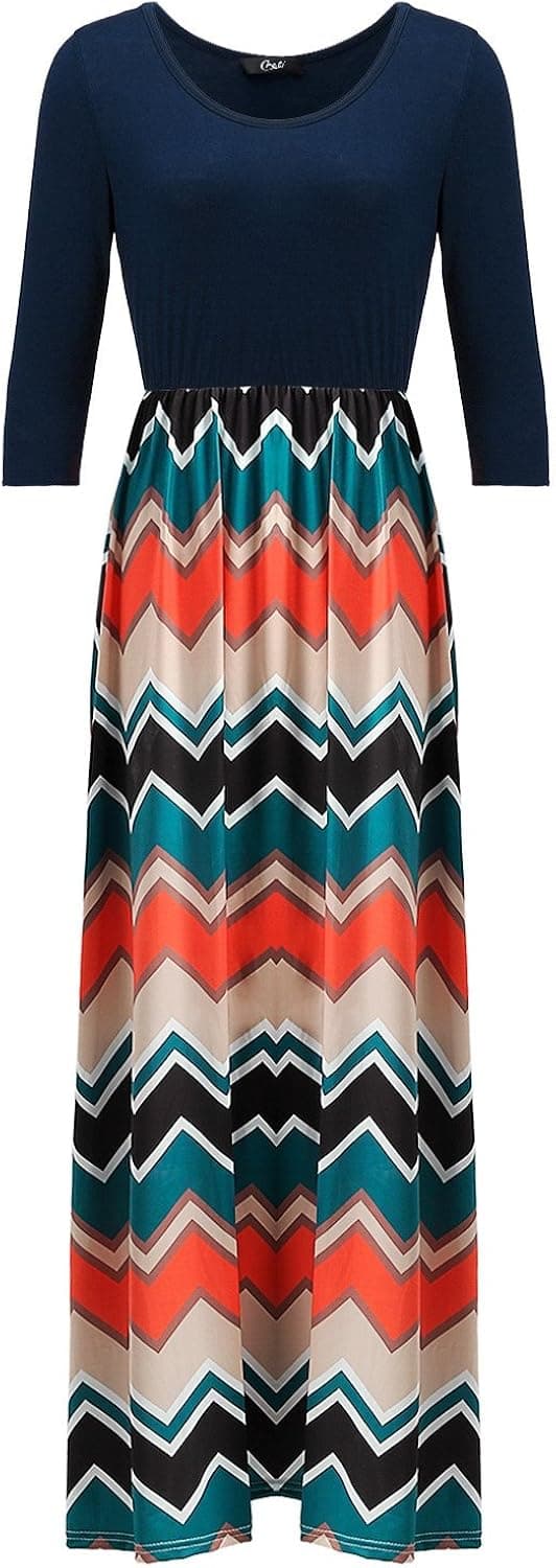 Creti Women Fashion 3/4 Sleeve Casual Contrast Chevron Striped Maxi Long Dress