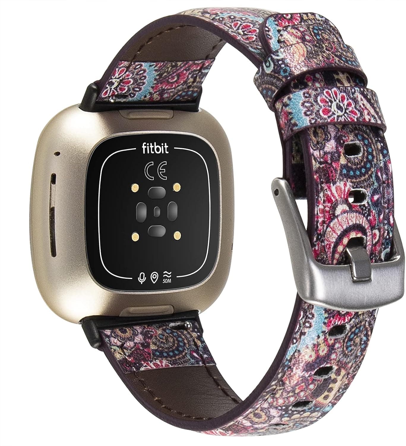 Leather Bands Compatible with Fitbit Sense/Versa 3, Classic Slim Genuine Leather Replacement Wristband Strap Accessories for Women Men Pink Paisley