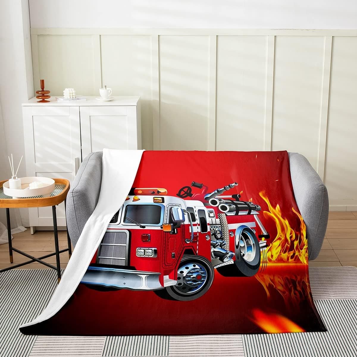 All Season Fire Truck Bed Blanket Kids,Fireman 3D Fire Engine Fleece Throw Blanket Flannel Fuzzy Blanket for Kids Boys Girls,Microfiber Firefighter Truck Plush Blanket Room Decor 40"x50"