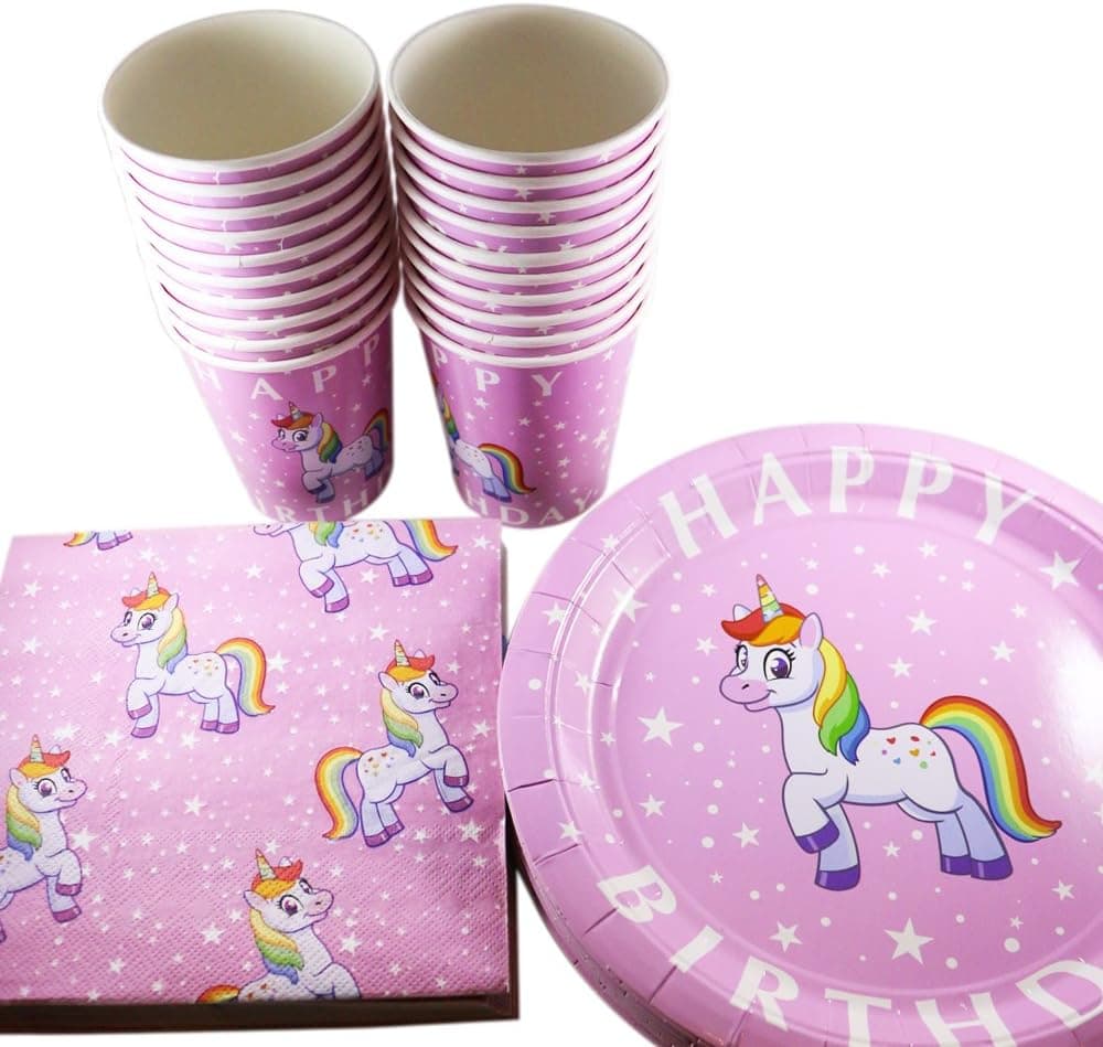 Unicorn Party Supplies Set (Serves 20 | 60 Pieces) with Paper Plates, Napkins & Cups - Super Cute Pink Rainbow Unicorn Design - Perfect for Girls Birthday Party