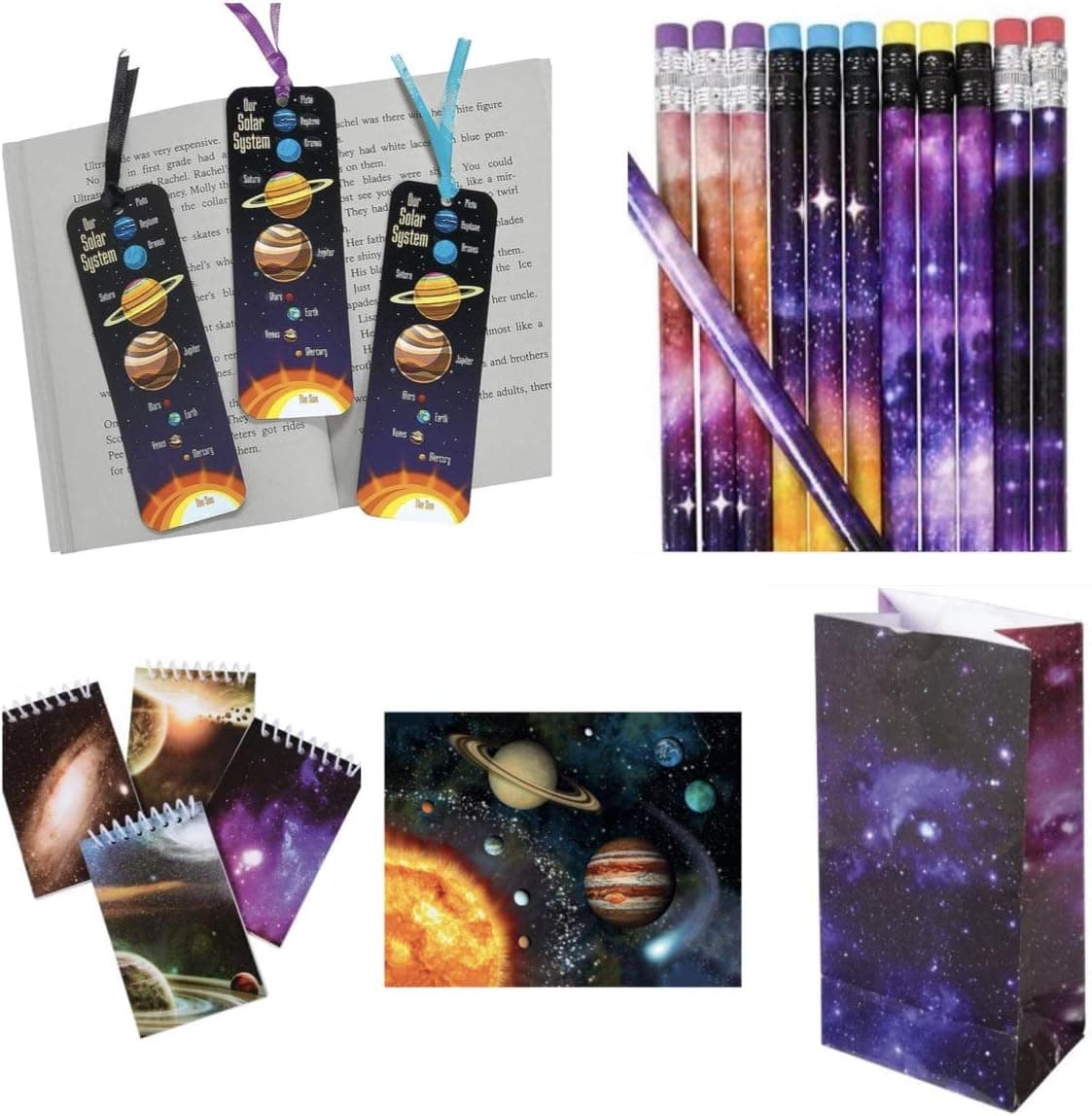 Just4fun 40 pc Galaxy - Outer Space Favors -(for Party of 8 Kids) 8 Each - Pencils - Mini NOTEBOOKS Goody Bags - Bookmarks & Stickers - Science - Planet Solar System Classroom Teacher Rewards