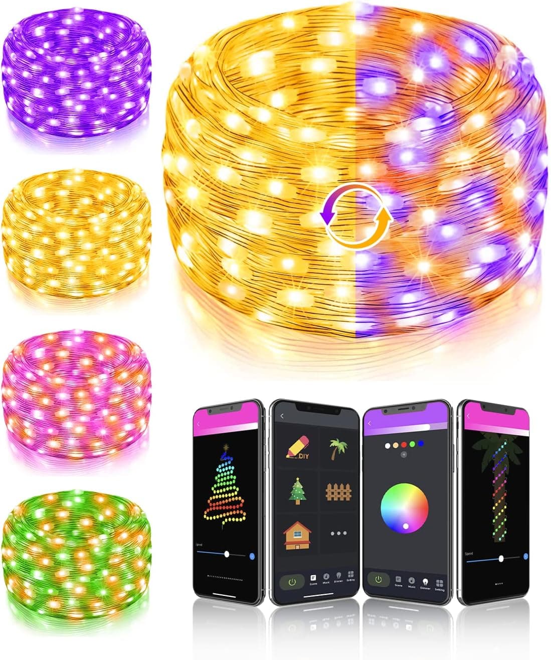 Rope String Lights Custom Modes - 33Ft Bluetooth App Control Christmas Lights RGB Color Changing Dimmble Twinkle Light Music Sync for Bedroom Wedding Patio Garden Holiday Tree Decor, NO Remote