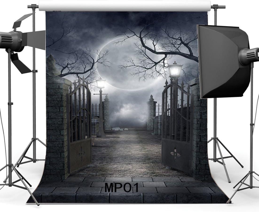 Hasdrop 5X7FT Halloween Backdrop Hallowmas Horror Night Shining Moon Night Gothic Road Lamp Metal Gate Brick Floor Scary Vinyl Photography Background Kids Adults Masquerade Photo Studio Props MP01