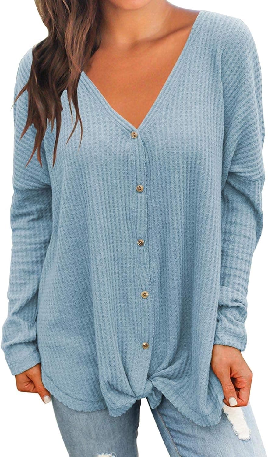 MIHOLL Womens Loose Blouse Short Sleeve V Neck Button Down T Shirts Tie Front Knot Casual Tops…