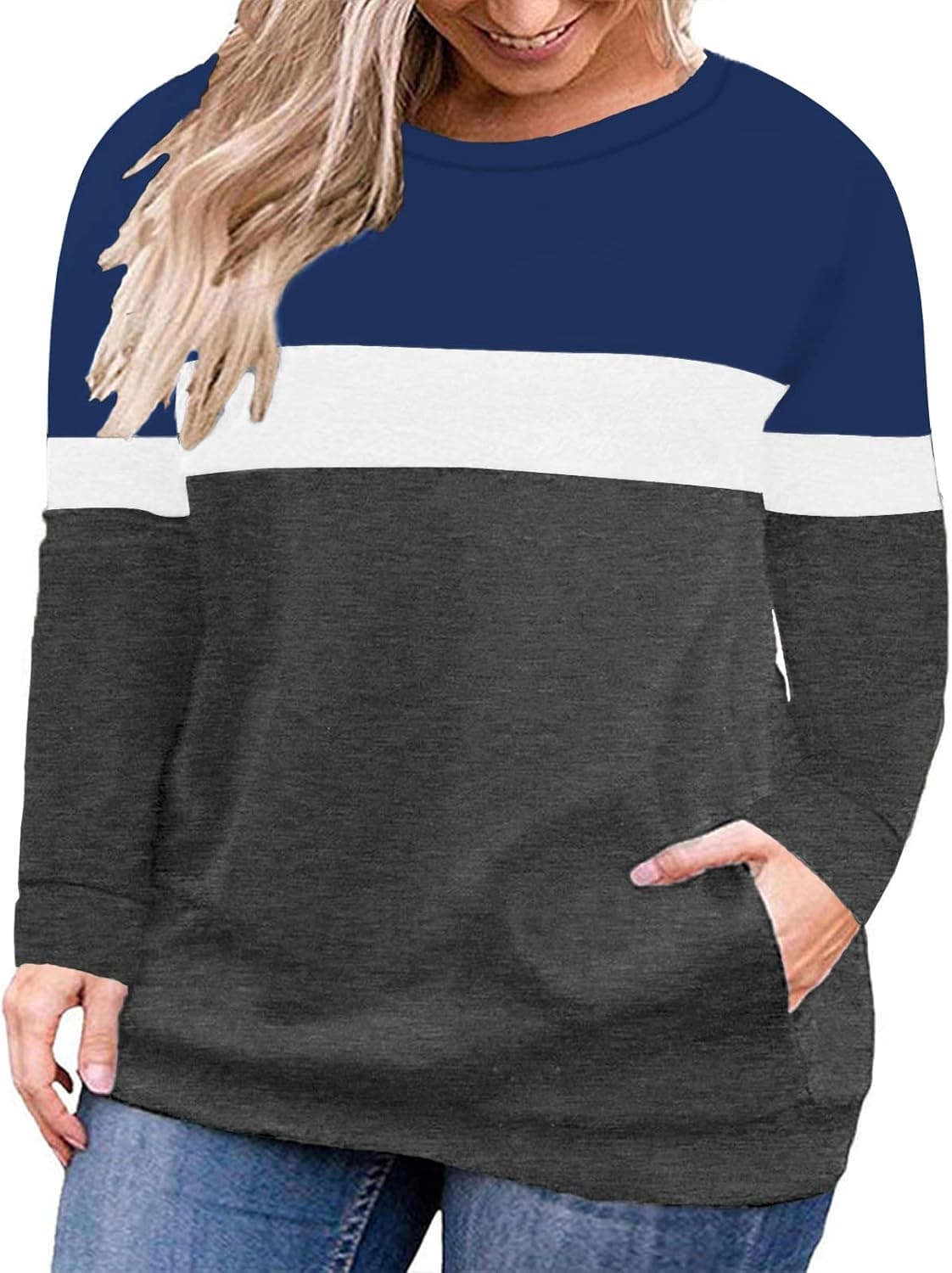 ROSRISS Plus-Size Sweatshirts for Women Color Block Long Sleeve Pockets Pullover