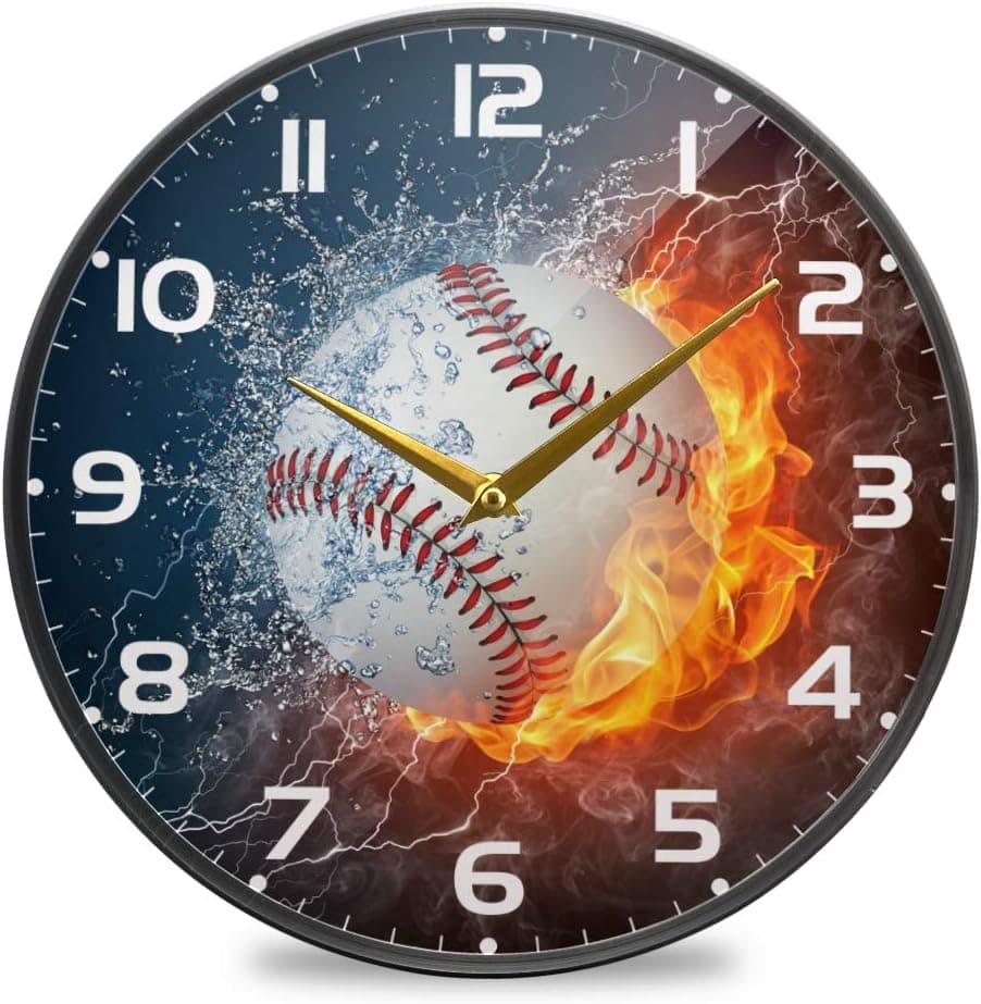 Moudou Baseball Wall Clock Silent Non Ticking Round Acrylic Clock for Bathroom Living Room Bedroom Office School Home Decoration 10 Inch