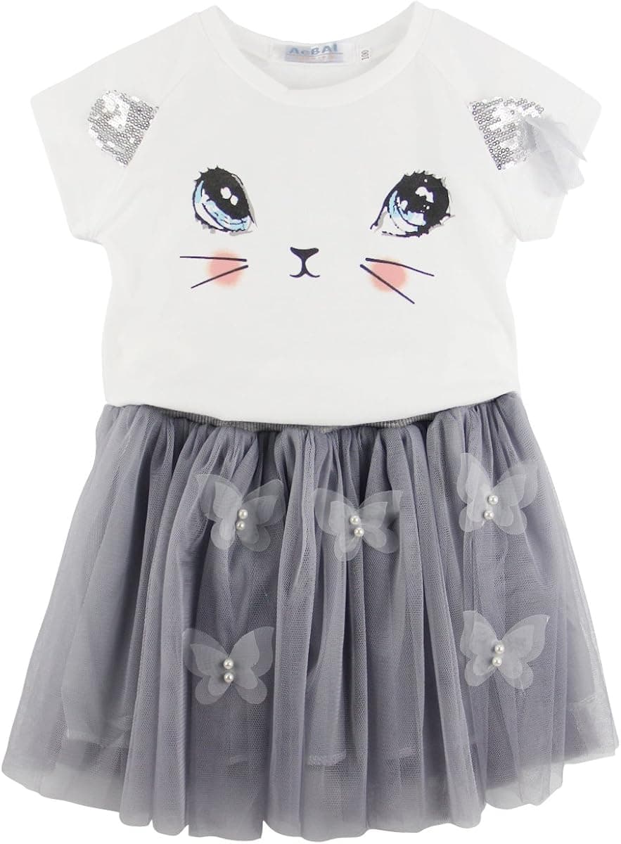 Jastore Kids Girls Cute Cat Pattern Clothing Sets Top + Tutu Skirt