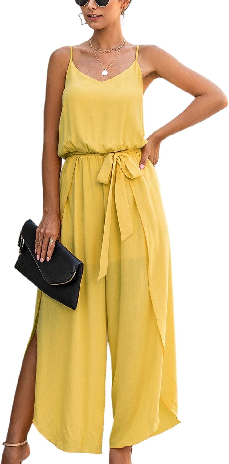 ECOWISH Womens Jumpsuit Spaghetti Strap Wide Leg Split Jumpsuits Long Overalls Summer Beach Loose Fit Rompers