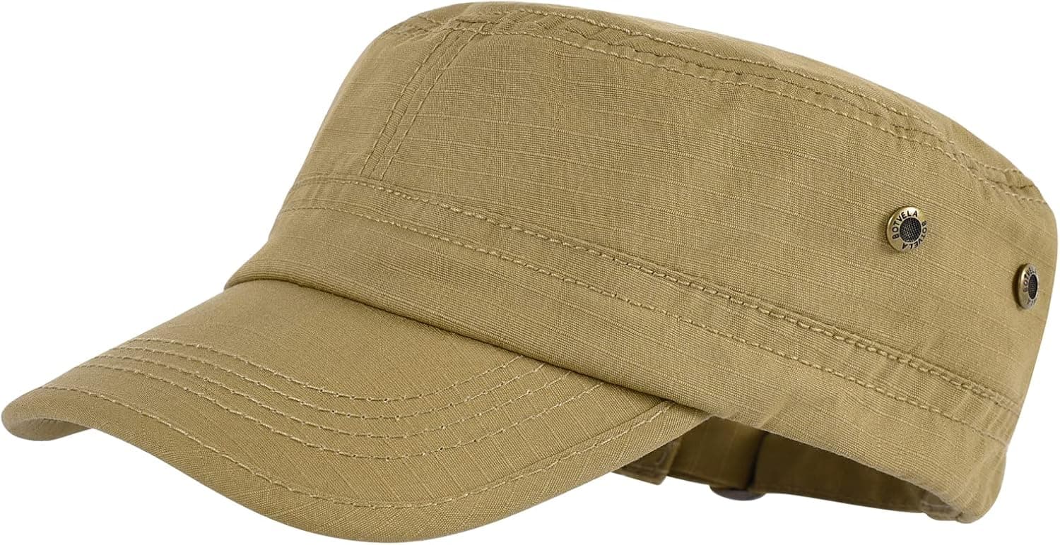 BOTVELA Men's Cotton Cadet Army Caps Military Style Flat Top Hat Adjustable Newsboy Cap