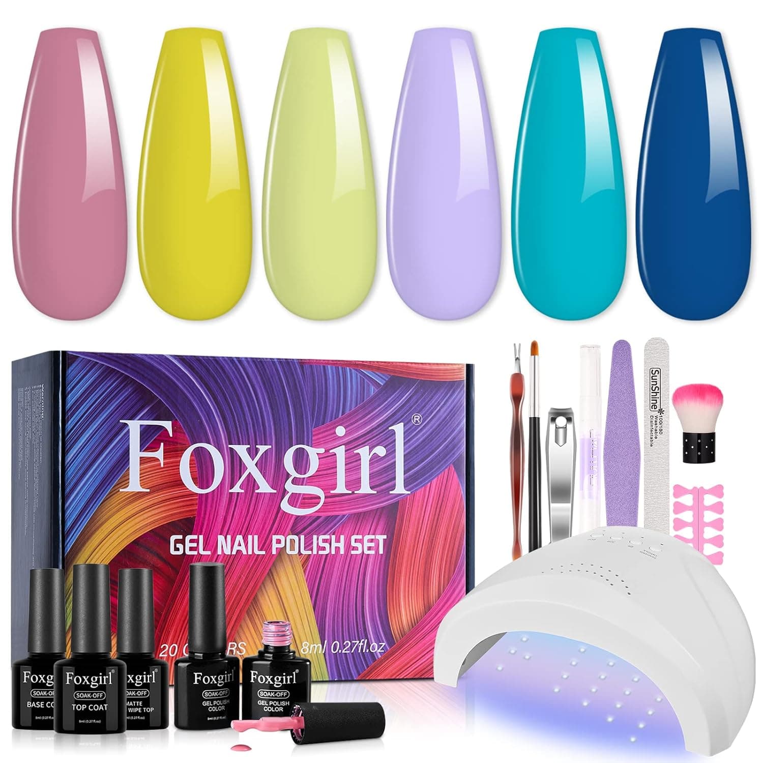 Foxgirl 6-colors Gel Nail Polish Kit with UV LED Light Nail Lamp Base Gel Top Coat Gel Nail Polish Starter Kit Manicure, Soak off Pink Blue Green Yellow Gel Nail Polish set DIY Home Gift for Women