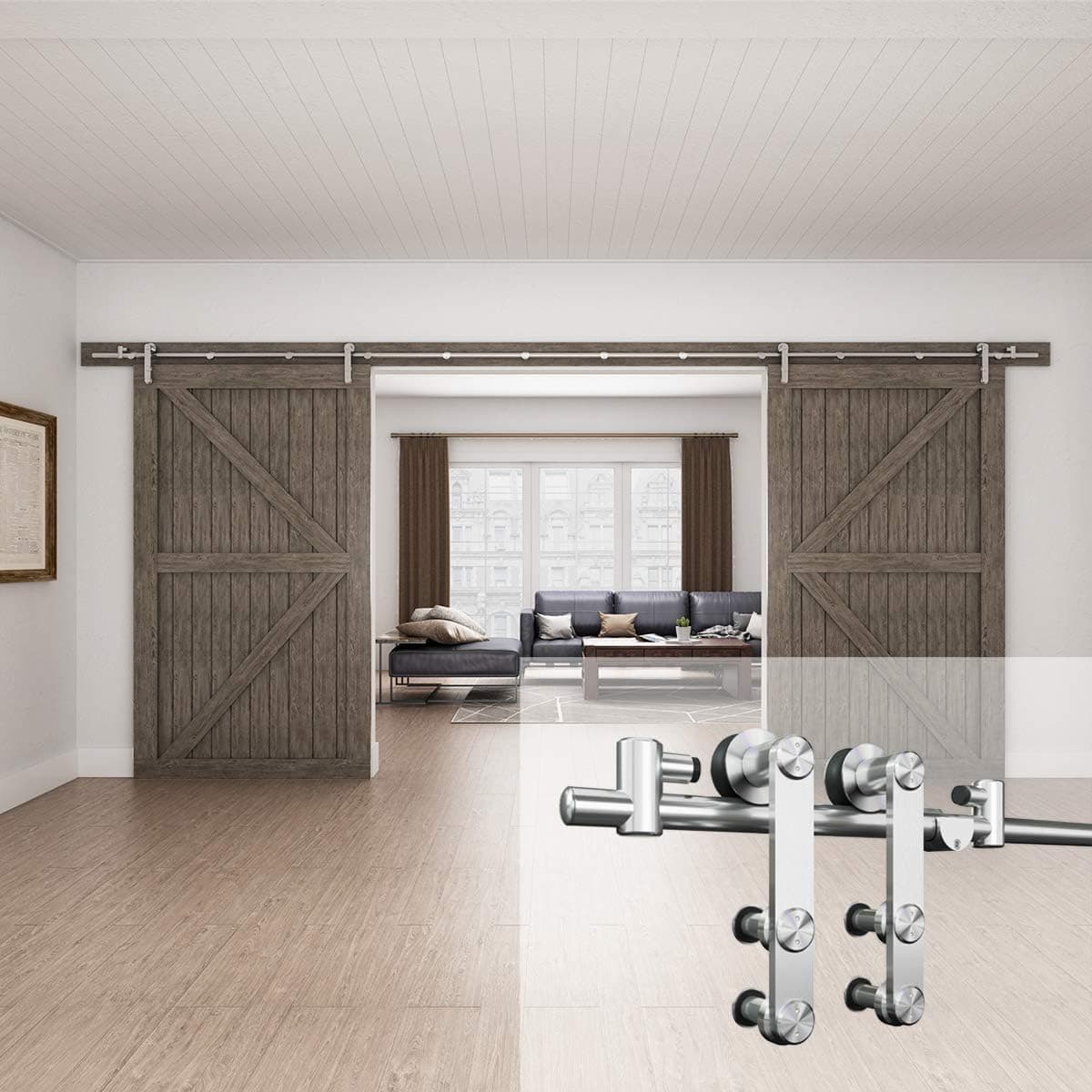SMARTSTANDARD 16ft Sliding Barn Door Hardware Kit for Double Door -Stainless Steel Heavy Duty Sturdy Barn Door Track -Super Smoothly and Quietly -Includes Step-by-Step Instruction -Fit 48" Door Panel