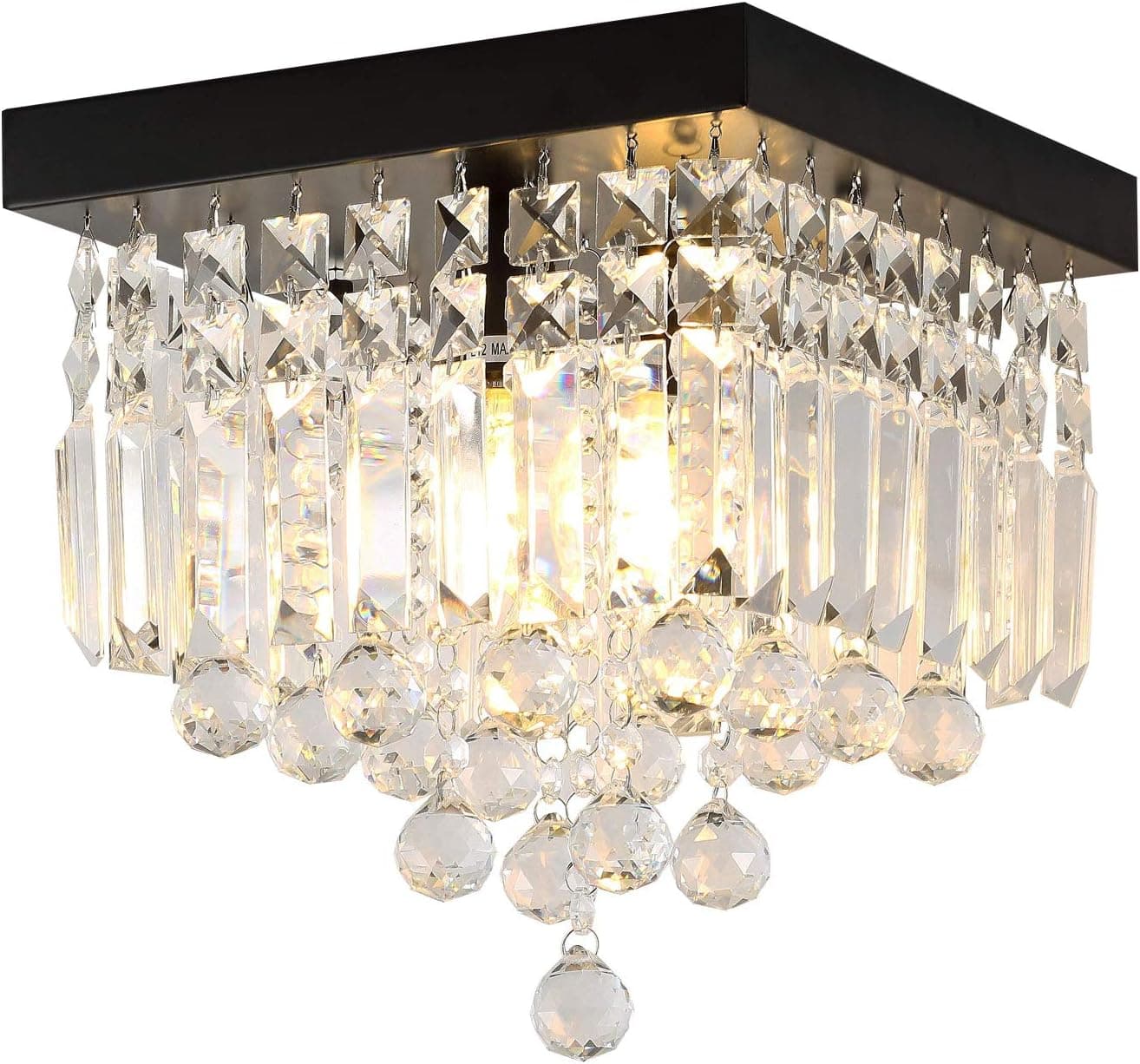 AncientHome 2-Light Mini Iron Crystal Chandelier, Modern Vintage Flush Mount Ceiling Lighting Fixture for Hallway, Bedroom, Bar, Kitchen, Bathroom, Black
