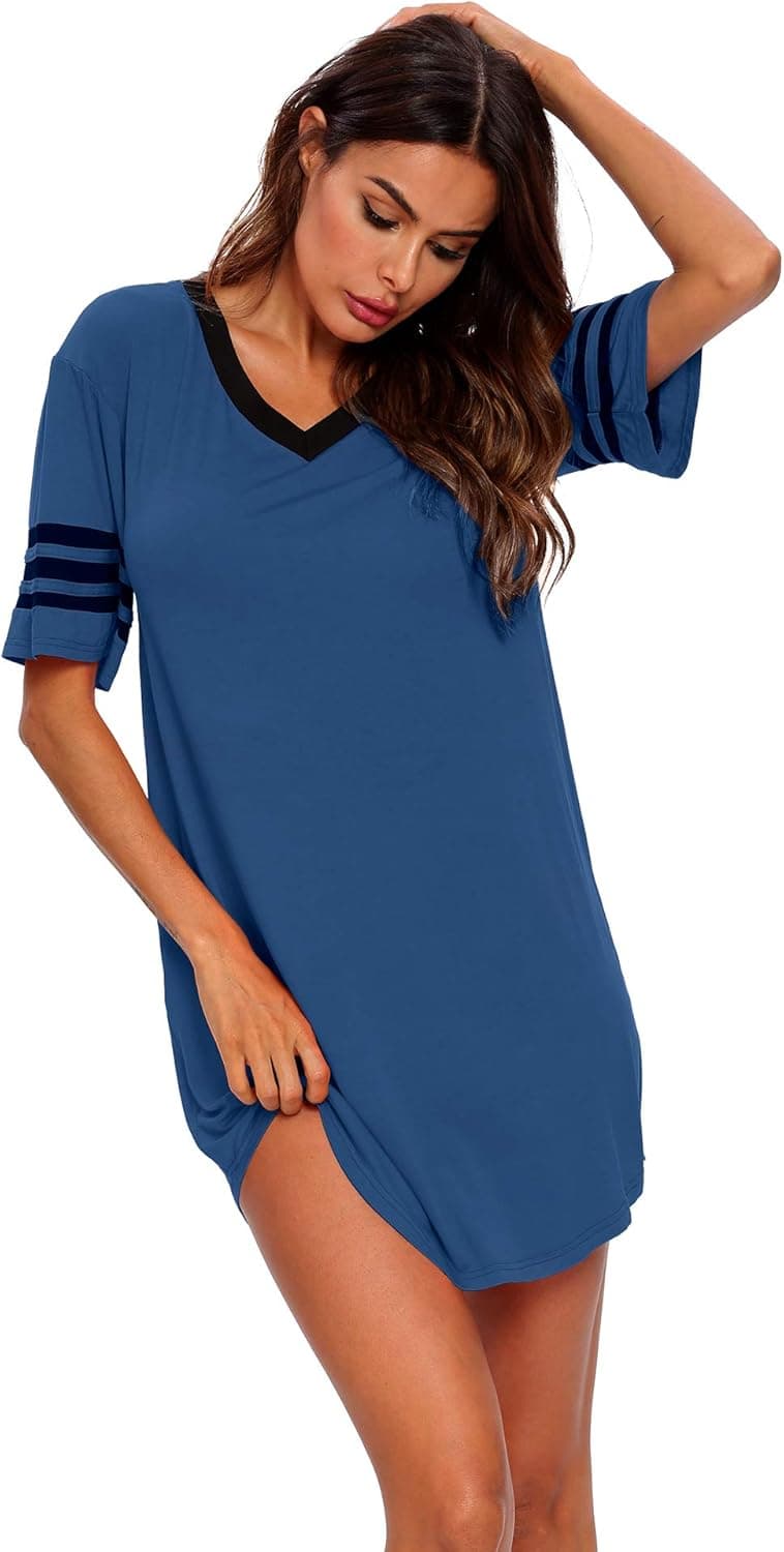 Houmagic Womens Nightgown Modal Sleep Shirt V Neck Short Sleeve Loose Comfy Pajama Sleepwear S-2XL, Light Blue, X-Large