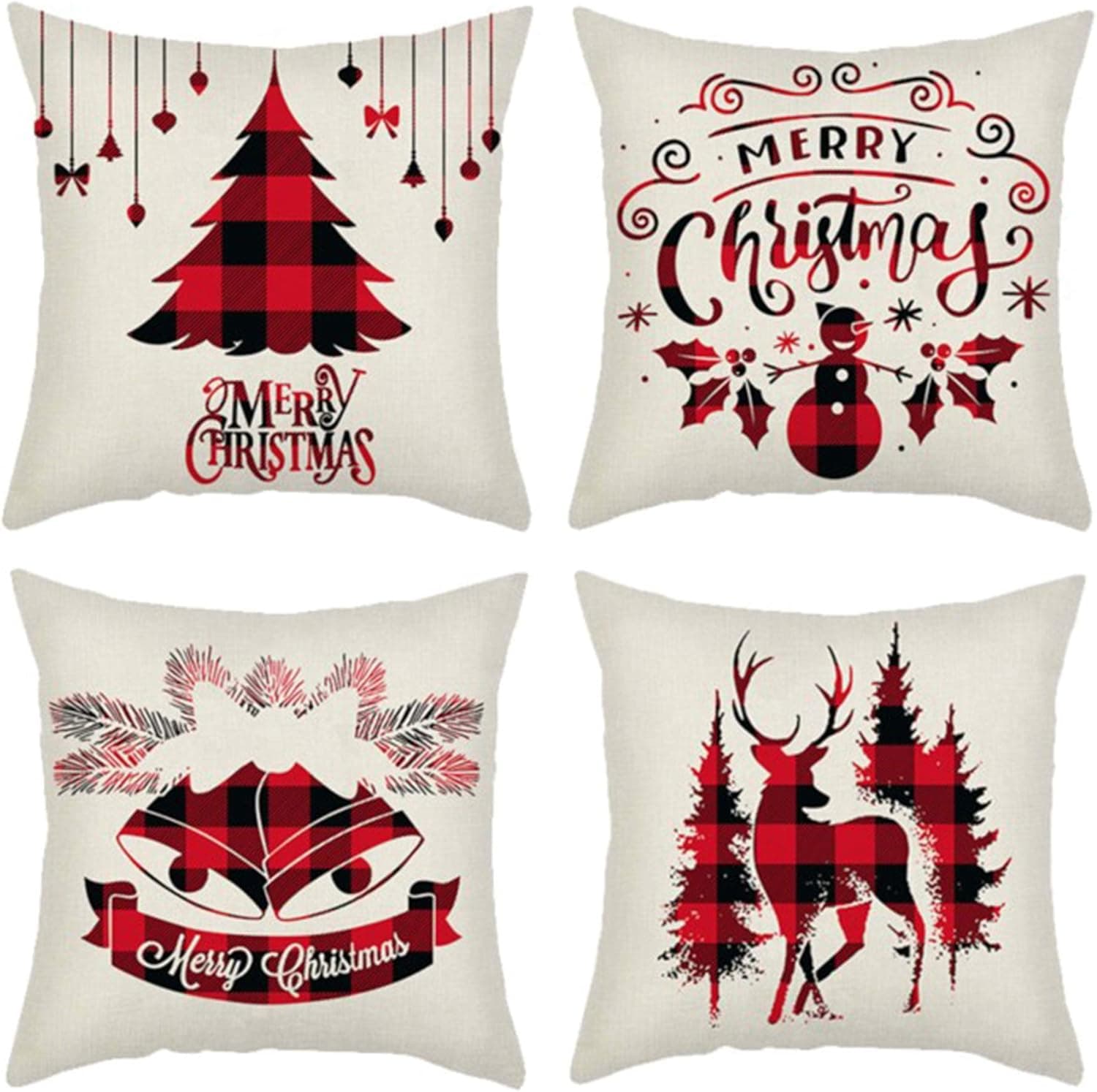 Seasons Stars SSDecor Merry Christmas Decorative Pillowcases 4 Pack, Christmas Pillow Covers Square 18x18 inch, Cotton Linen Throw Pillow Covers for Car Sofa Bed Couch