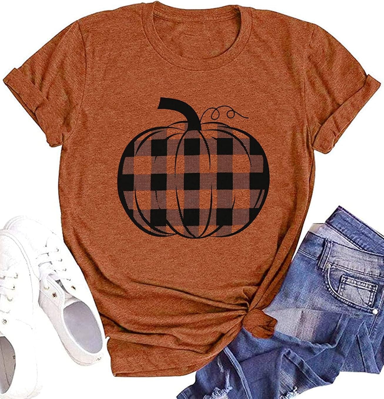 Pumpkin Halloween Shirt Women Fall Tops Plaid Leopard Graphic Tee Casual Short Sleeve Tshirts
