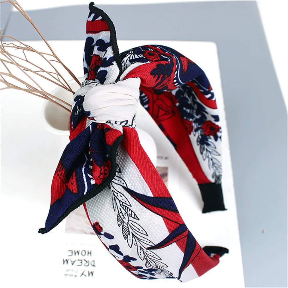 Multi-Style Retro Bowknot Wide Hairband Headwear Girls Fabric Printing Flowers Rabbit Headband Hair Accessories style 2