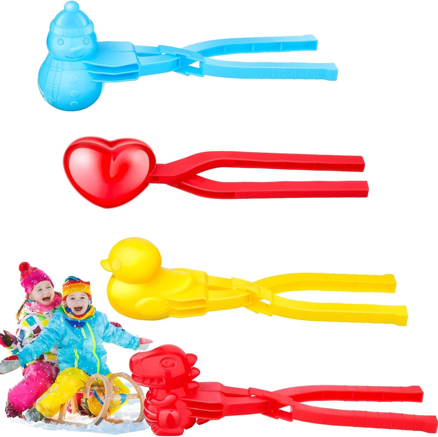 4 Pieces Winter Snow Toys Kit Snow Ball Maker Shape Dinosaur Shaped Snow Snowball Maker Heart Snow Maker Outdoor Winter Play Snow Toys with Shape of Dinosaur Heart Duck Snowman for Outdoor Activities