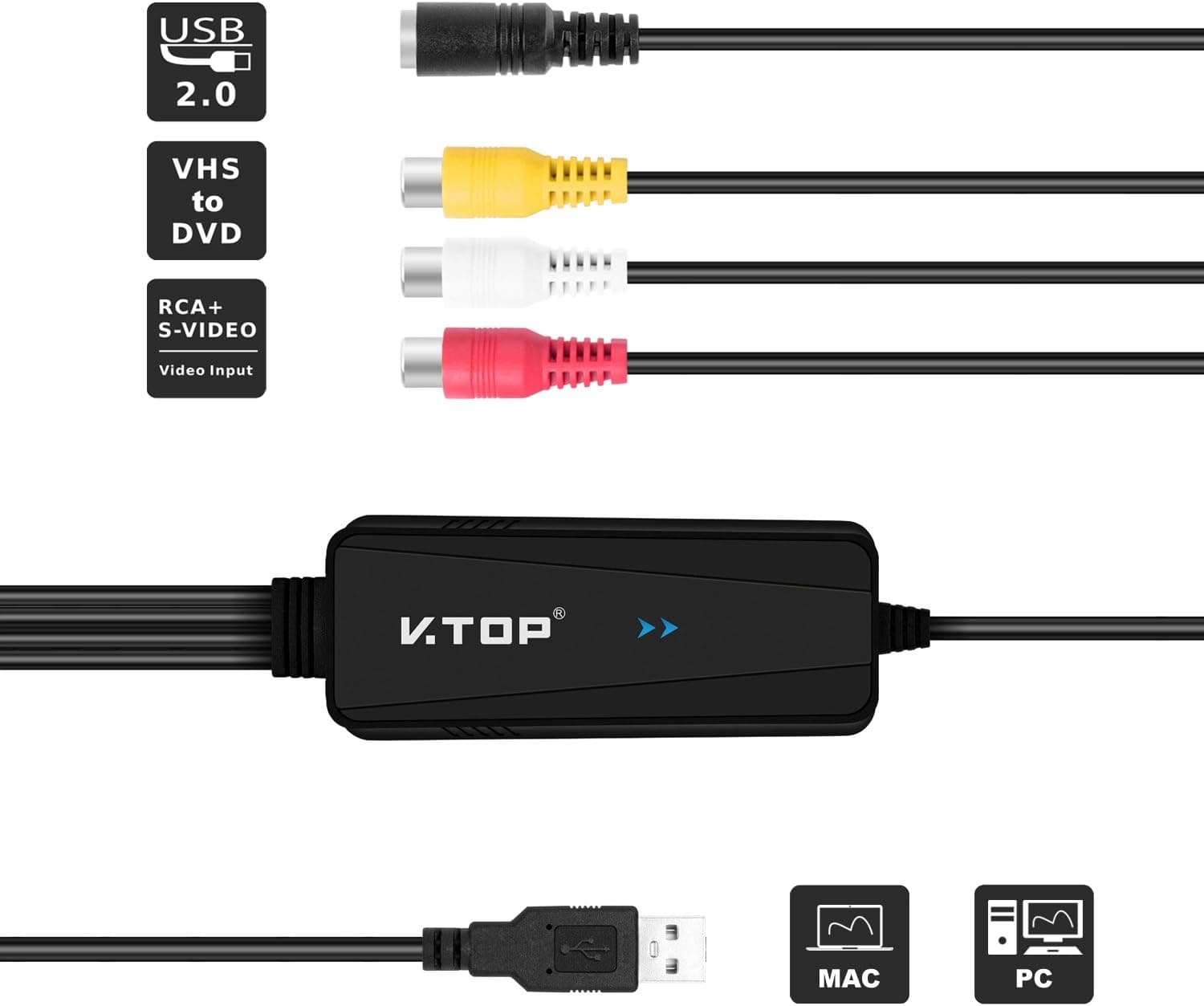 FLY KAN USB 2.0 Video Capture Card VHS to Digital Converter Compatible for Windows 10 & Mac OS 10.12 QuickTime Player - VHS Capture Video Grabber Convert VHS to DVD,Mac,PC(Driver Free Version)