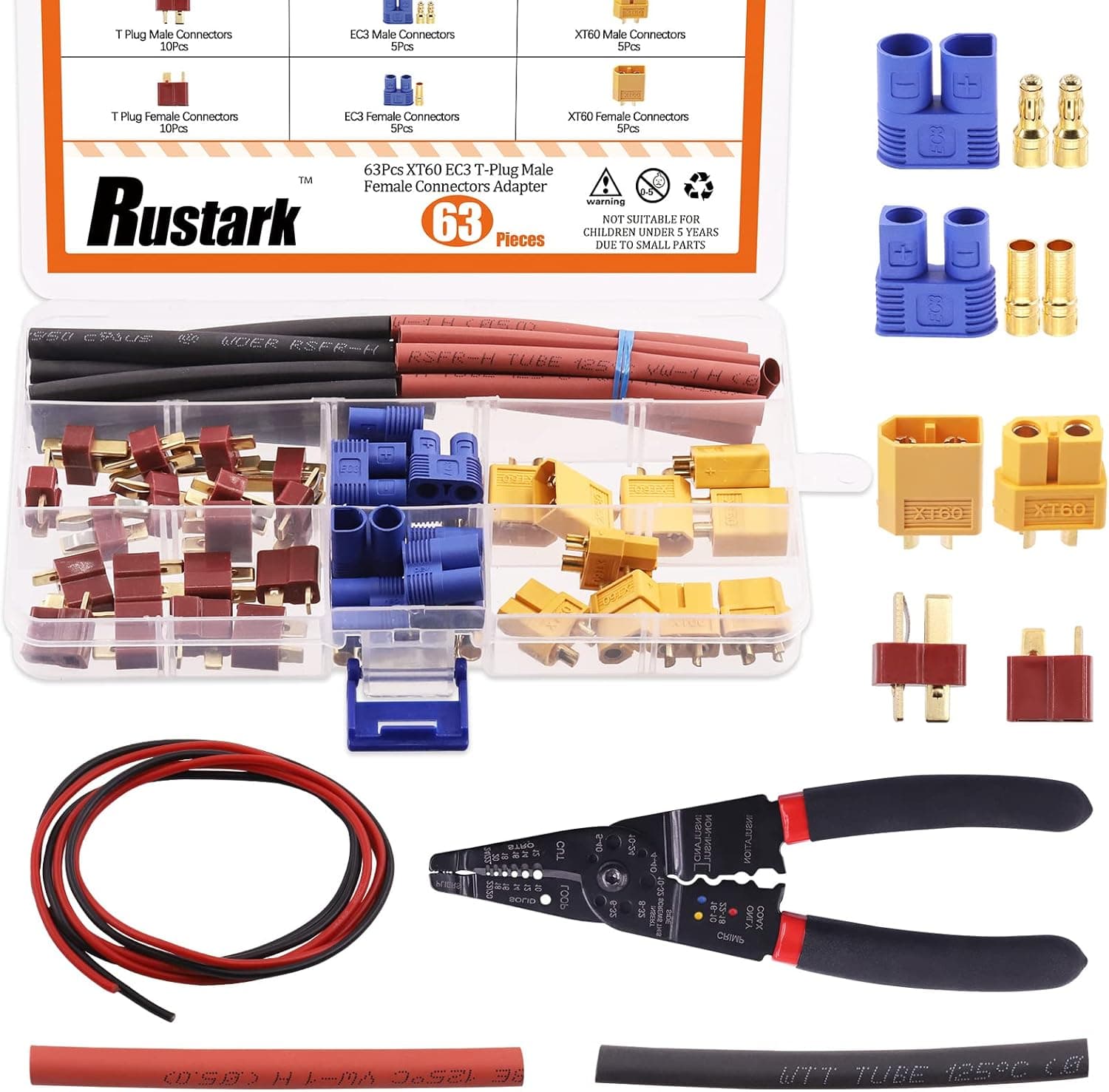 Rustark 43Pcs XT60 / EC3 / T-Plug Connector Adapters Kit Wire Stripper Tool 14AWG Silicone Wire and Heat Shrink Tubing for RC ESC Lipo Battery Motor (XT60 Kit)