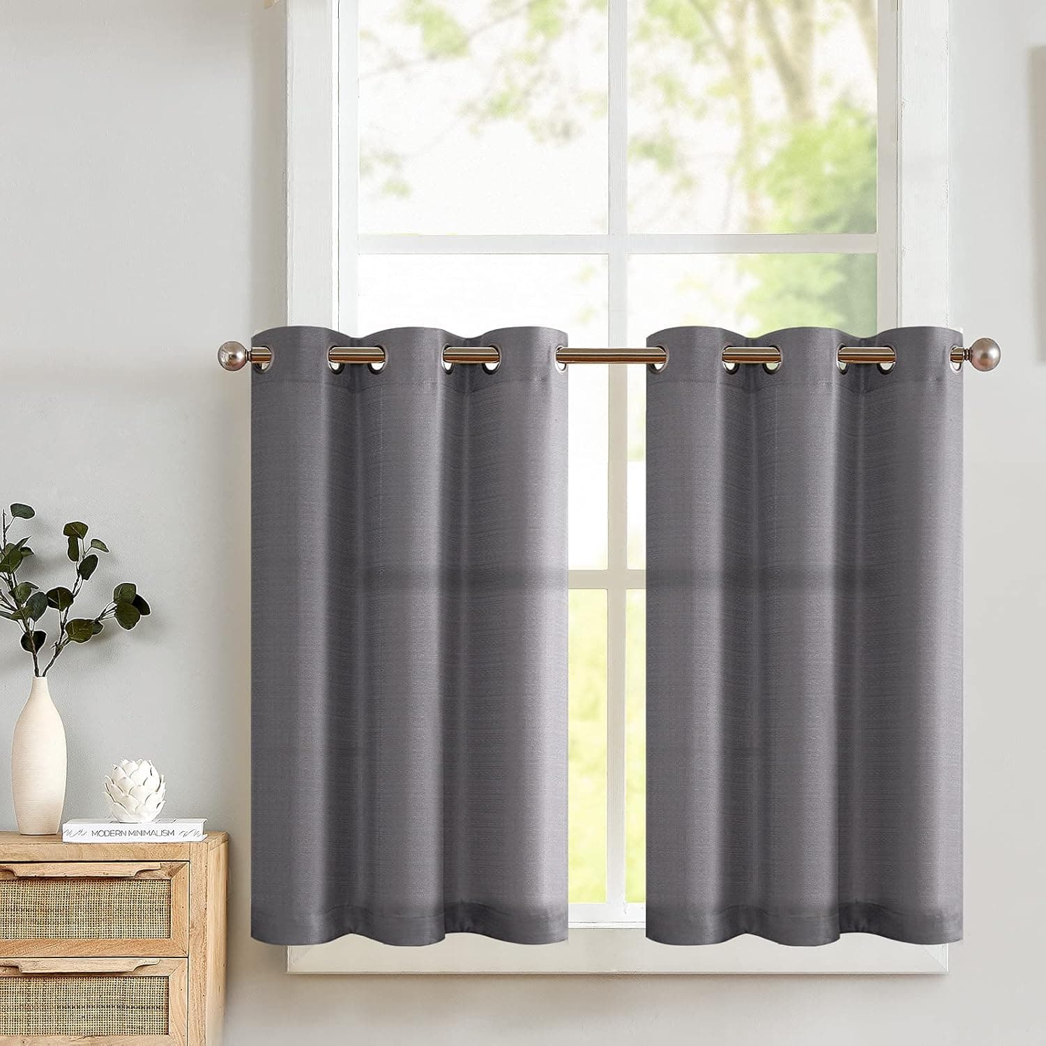 Lazzzy Grey Sheer Kitchen Curtains 36 Inch Length Linen Textured Tier Curtains Farmhouse Cafe Curtains Semi Sheer Drapes Light Filtering Window Curtain Set for Living Room Bedroom 2 Panels Gray