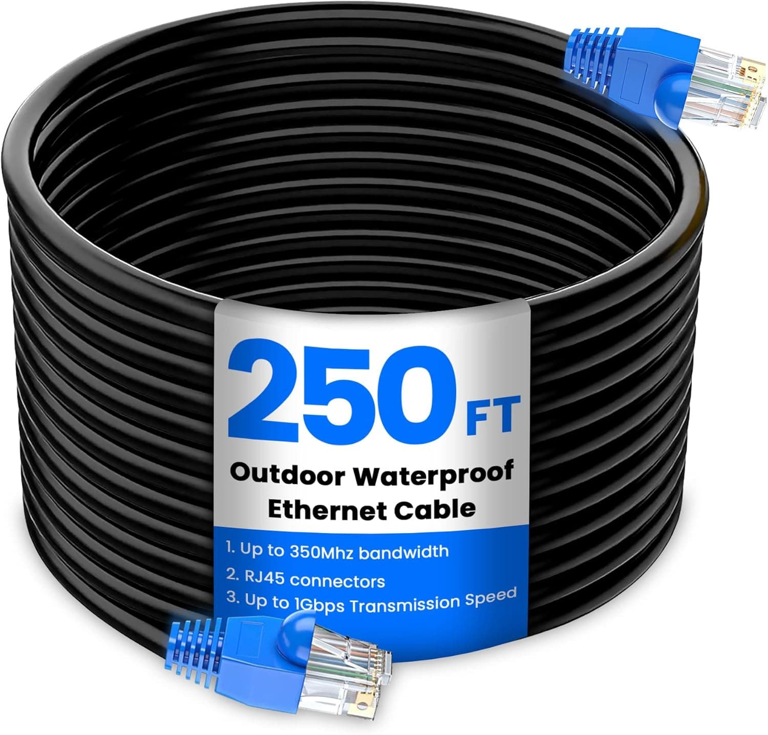 AURUM CABLES CAT5e Outdoor Waterproof Ethernet Cable with 24AWG RJ45 Plugs 350MHz Direct Burial Network Internet Cable for Data LAN Routers Modems Black 250 ft 1 Pack