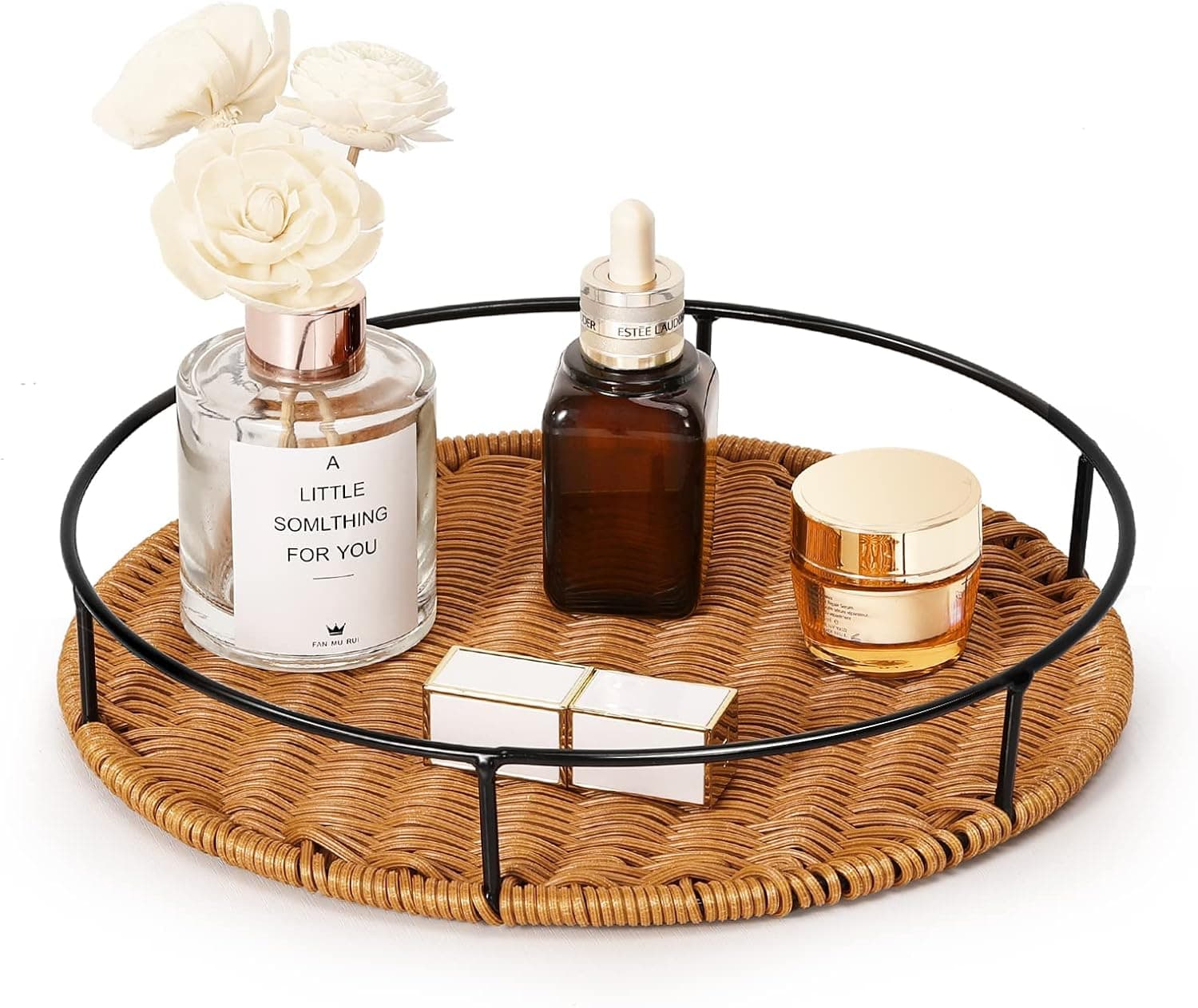 Lewondr Rattan Serving Tray, Round Serving Tray with Handle Hand, Serving Basket Decorative Tray for Coffee Table Bar, Dinner, Parties