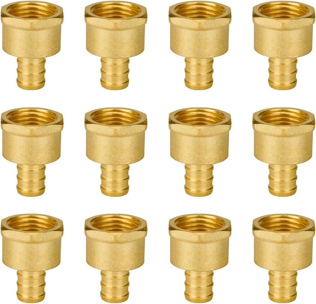 PEX Fittings 1/2 Inch Female Adapter, SUNGATOR (12-Pack) PEX 1/2" x 1/2" NPT Female Threaded, Pex Female Adapter 1/2, Brass Crimp Fitting for Pex Pipe, ASTM F1807