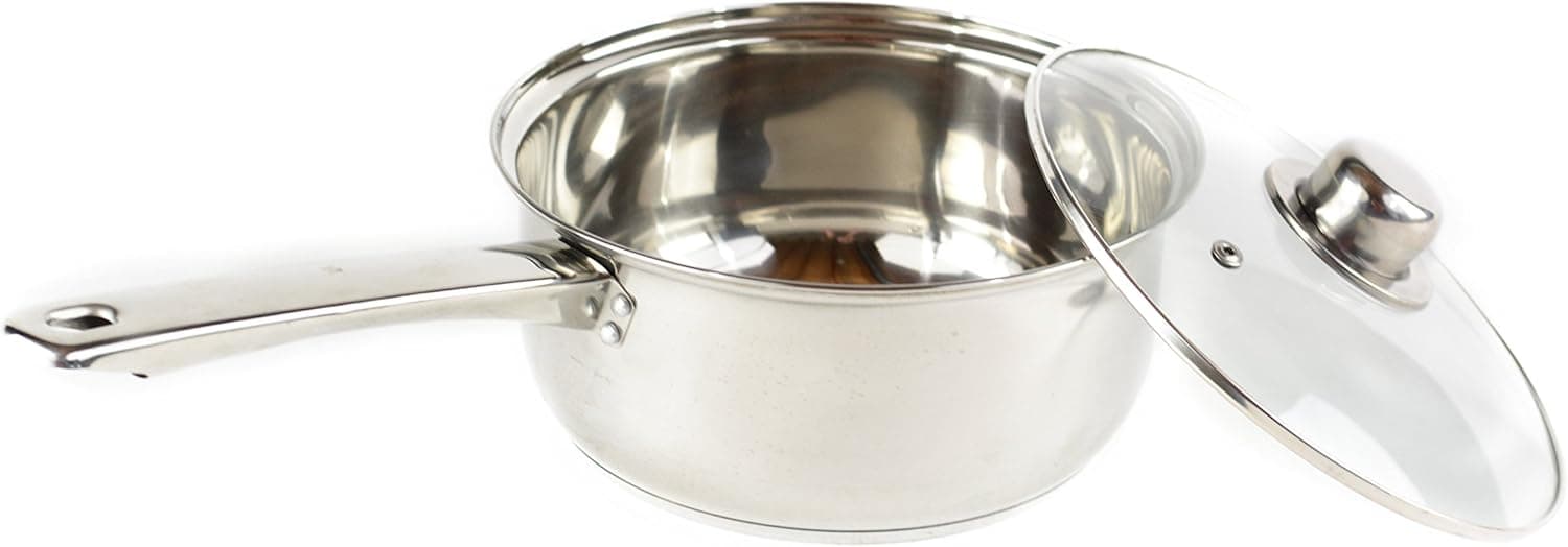 Gourmet Chef 1-Quart Stainless Steel Stock Sauce Pan with Glass Lid Kitchen Basics - Small Saucepan with Capsulated Even Heat Base, Vented Hole on Cover, Dishwasher Safe, and Stay-Cool Riveted Handles