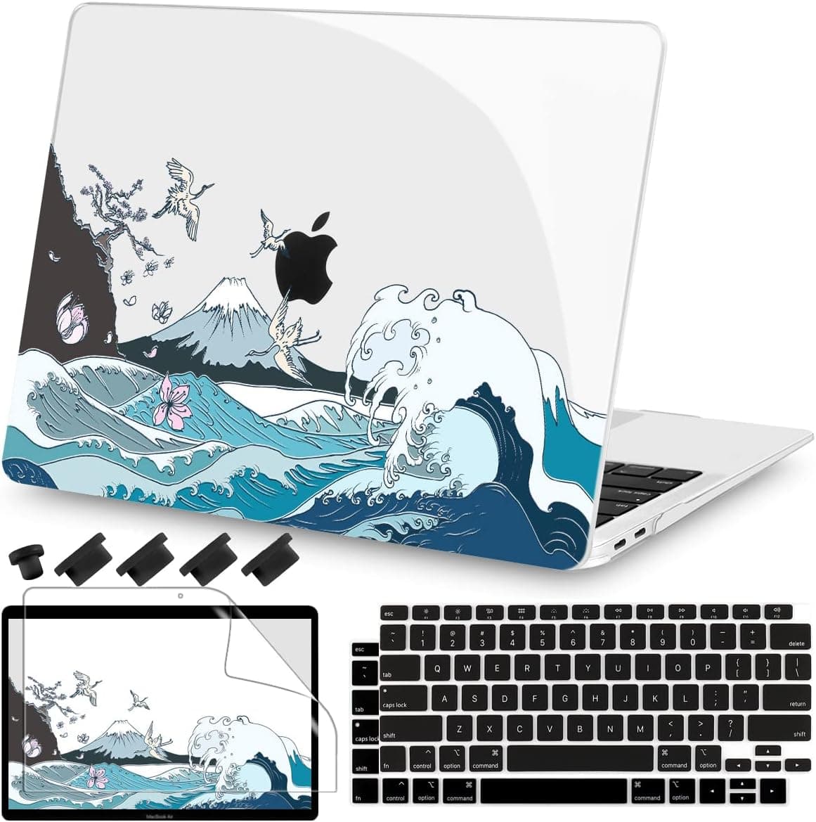 Teryeefi for MacBook Air 13 inch Case 2021 2020 2019 2018 Release A2337 M1 A2179 A1932, Plastic Hard Shell Case & Keyboard Cover & Screen Protector for MacBook Air 13.3 Retina with Touch ID, Wave