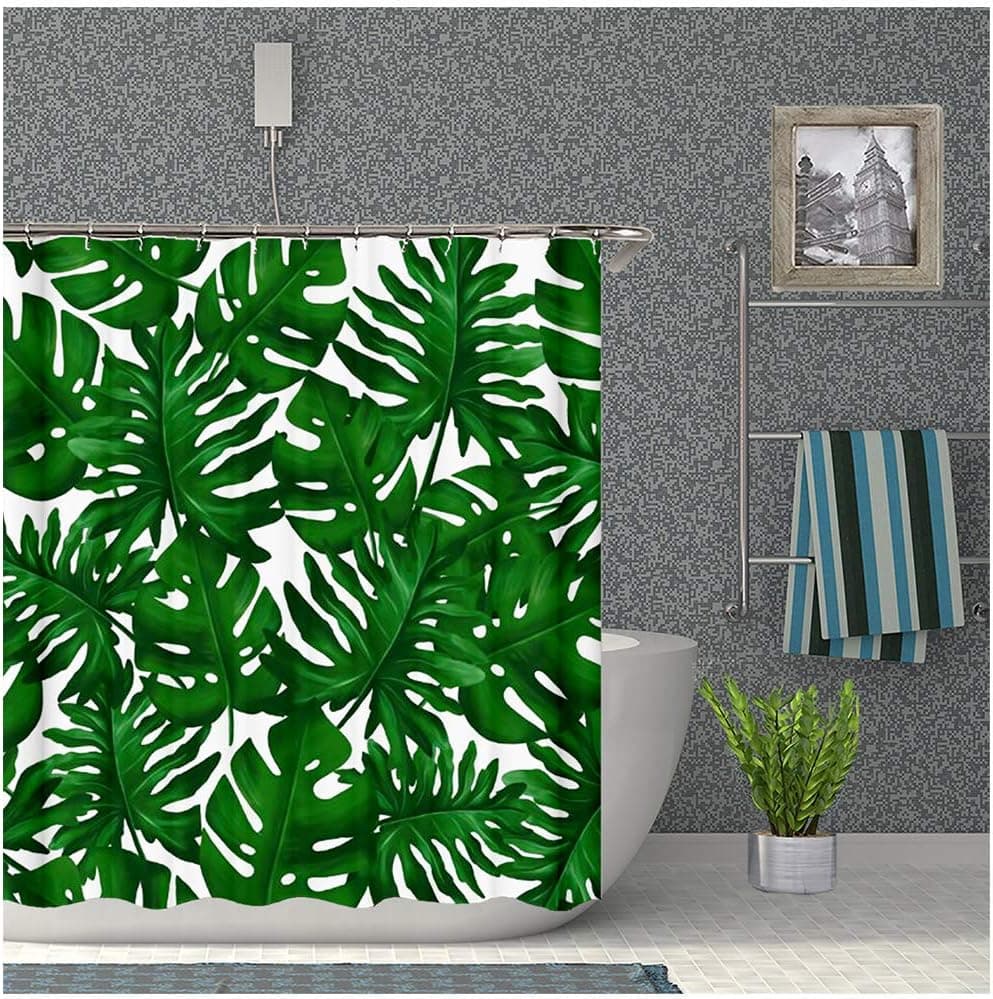ElfZ Tropical Palm Leaves Shower Curtain Banana Leaf Bathroom Curtains Quick Drying