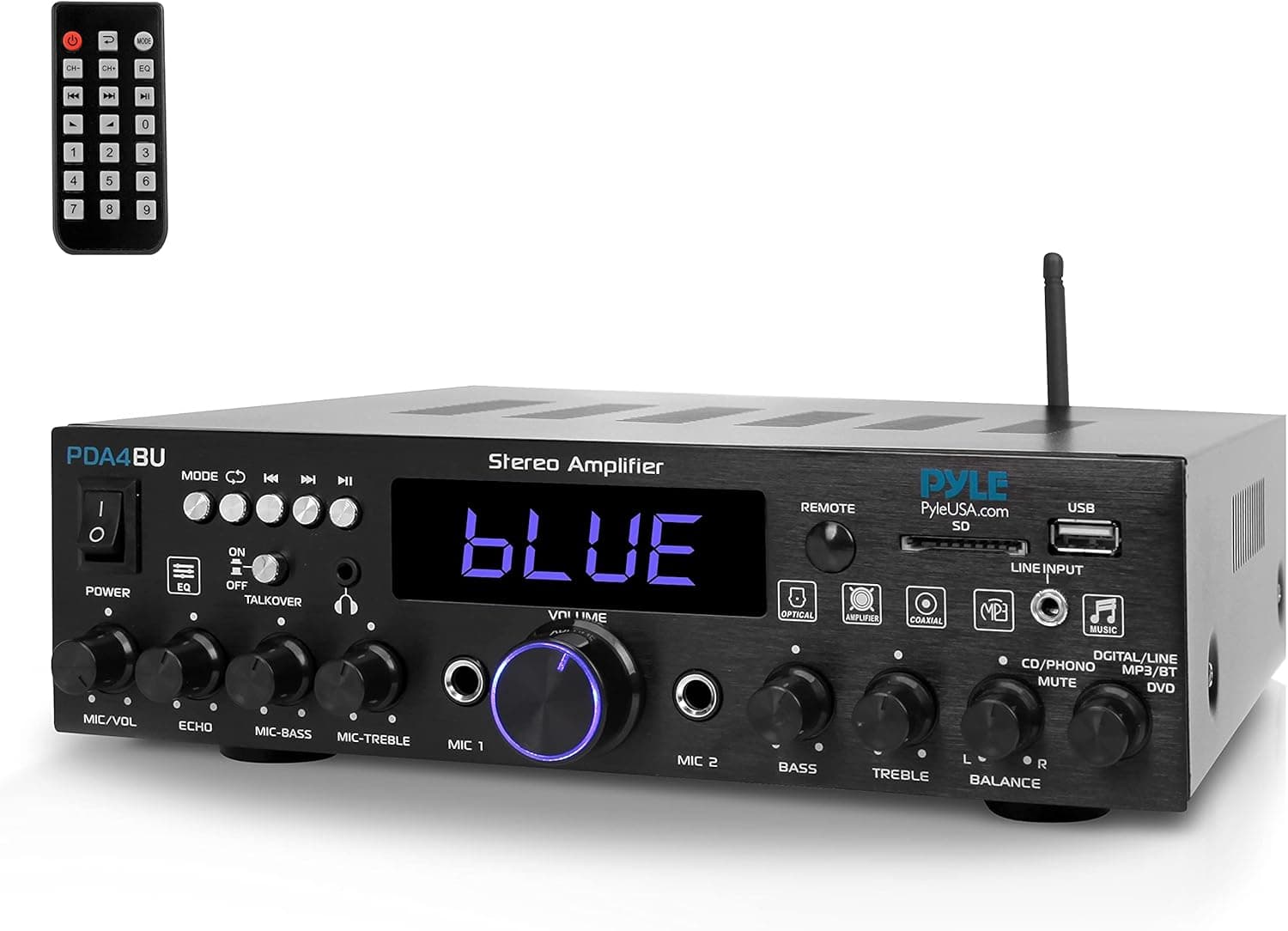 Wireless Bluetooth Home Stereo Amplifier - Multi-Channel 200W Power Amplifier Home Audio Receiver System w/Optical/Phono/Coaxial, FM Radio, USB/SD, AUX, RCA, Mic in - Antenna, Remote - Pyle PDA4BU