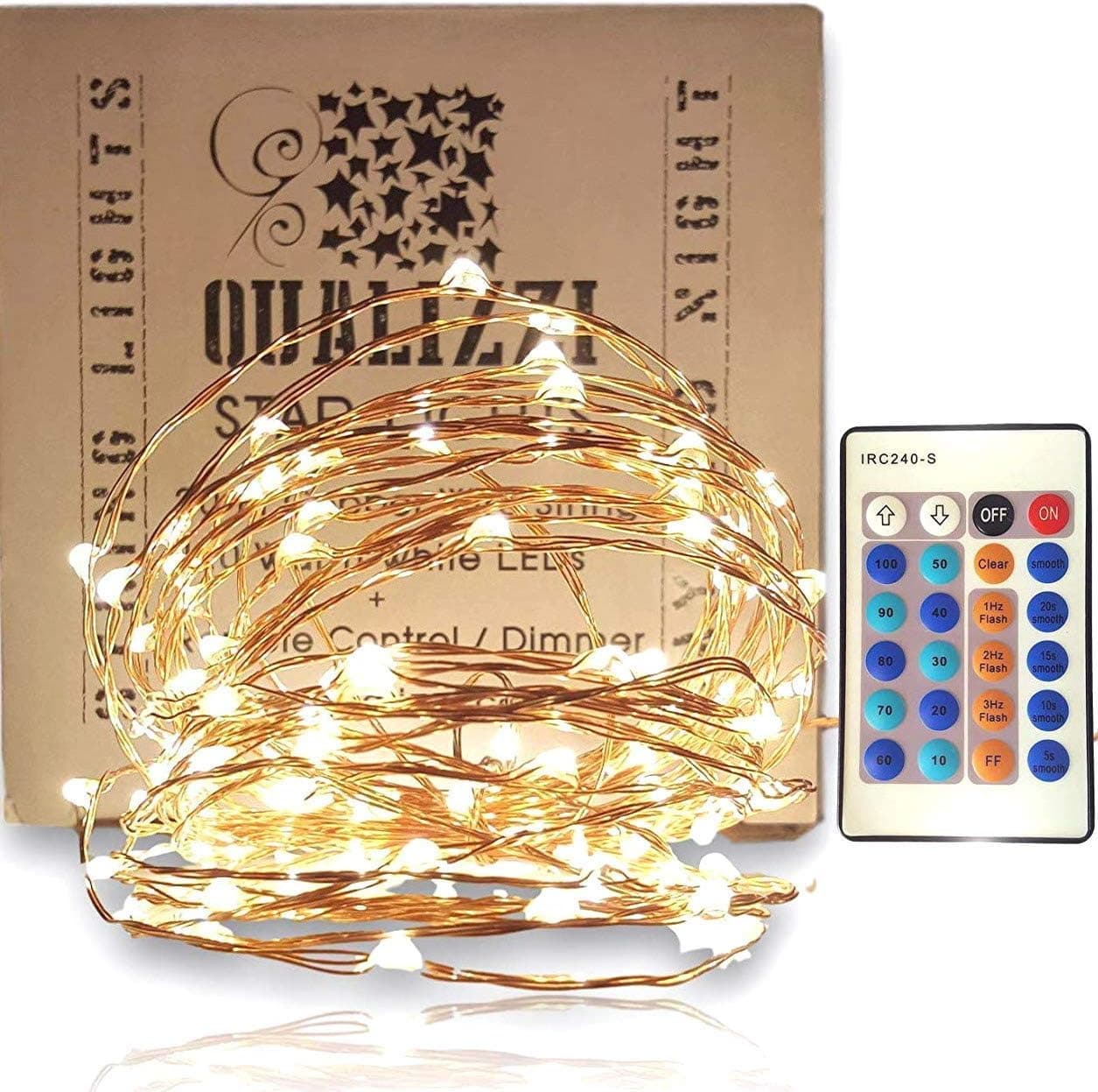 QUALIZZI Starry Lights with Remote Control/Dimmable (33 Feet /100 LEDs). Very Pretty Bright Fairy Light Lights on LED Copper Wire Indoor String Lights. Enjoy Magic Decorative Garlands All Year Around