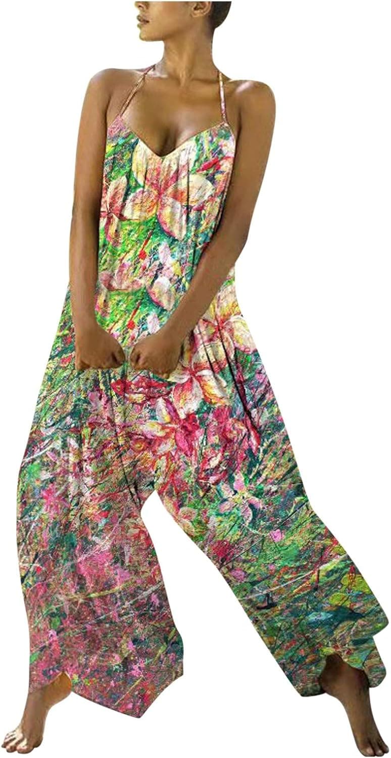 Handyulong Women's Loose Sleeveless Jumpsuits Spaghetti Strap Linen Long Pants Romper Jumpsuit Casual Overall Playsuits
