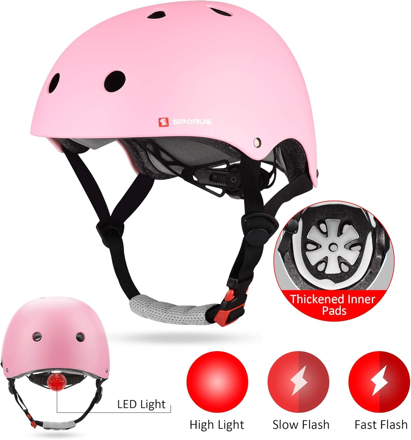 SPORUS Kids Bike Helmet with Safety LED Light [2020 Upgraded]，Thicken Cushion CPSC and ASTM Certified Impact Resistance for Toddler Girls Youth - Pink - Size S (Age 1-10 Years)