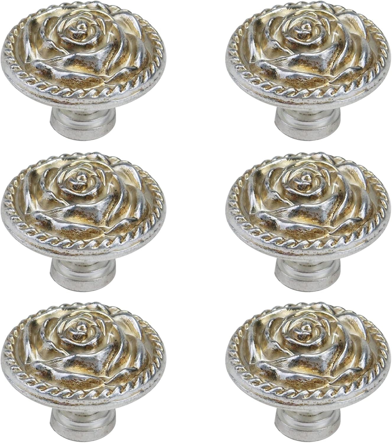 Pastlla 6 Pcs 1.26 Inch Silver Euro Rose Decorative Cabinet Knobs Round Grain Dresser Knob Rose Carved Cupboard Wardrobe Knob Zinc Alloy Flower Drawer Knob